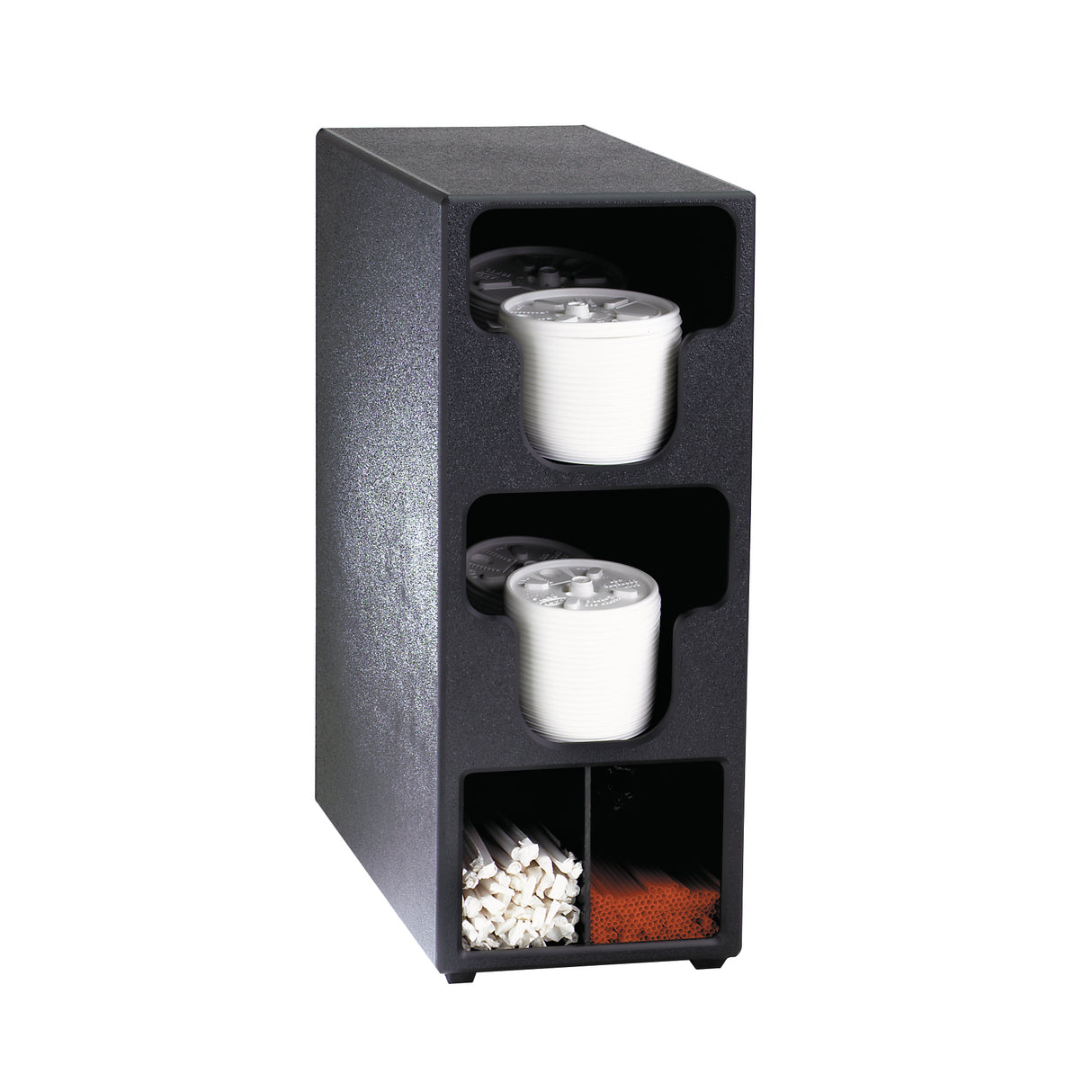 A black polystyrene organizer with two shelves holding stacks of white disposable cups, and two bottom compartments for white stir sticks and brown coffee sleeves. The rectangular unit features open front slots for easy access.