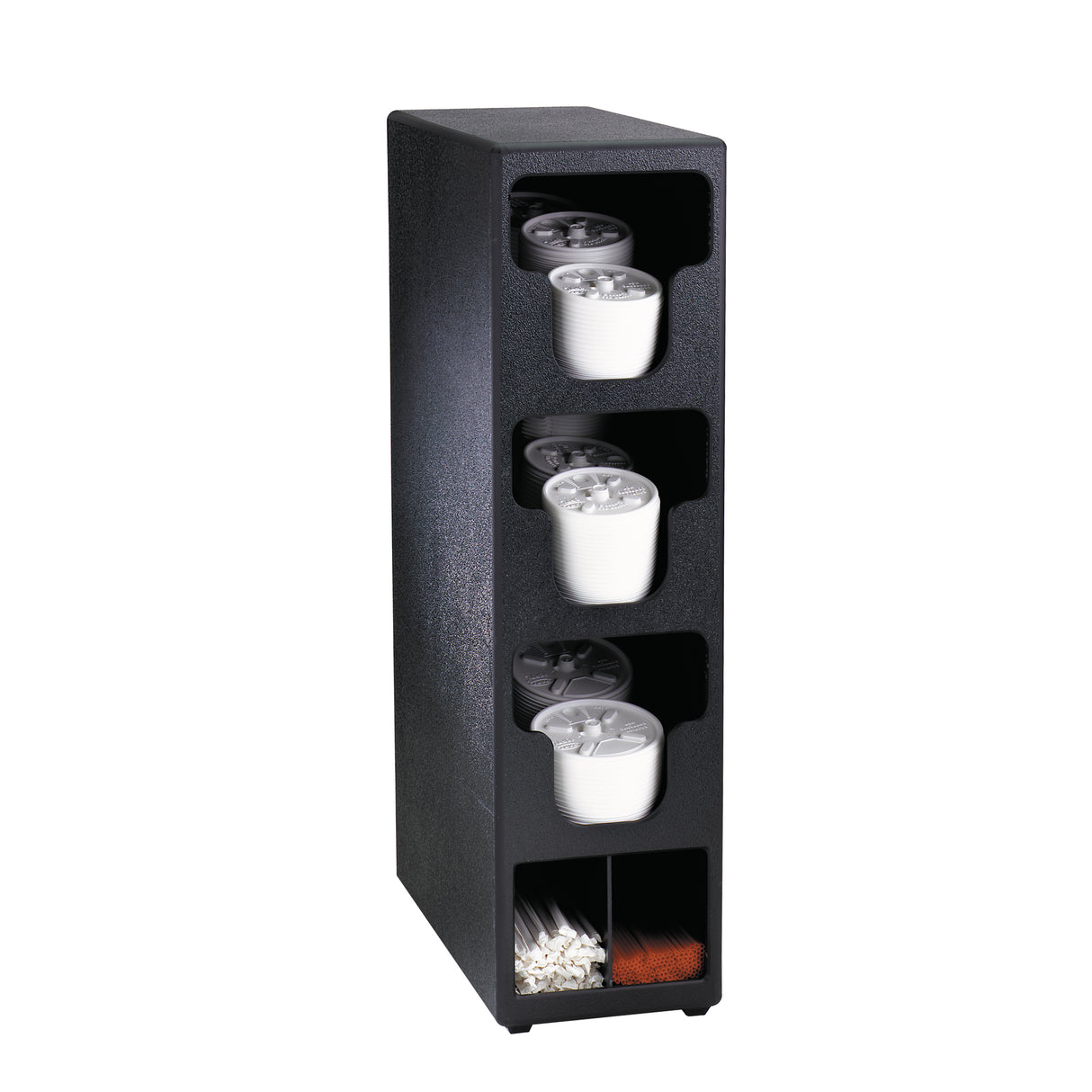 A black, vertical Dispense-Rite coffee cup dispenser with four slots holds stacks of white disposable cups and a lid organizer. The bottom section features compartments for coffee stirrers and napkins, organized horizontally against a plain white background.