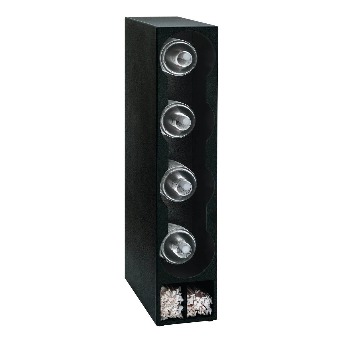 A vertical black wine rack, reminiscent of a Dispense-Rite straw organizer, holds four bottles horizontally in circular slots. Two small square cubbies at the bottom are filled with decorative light-colored material.