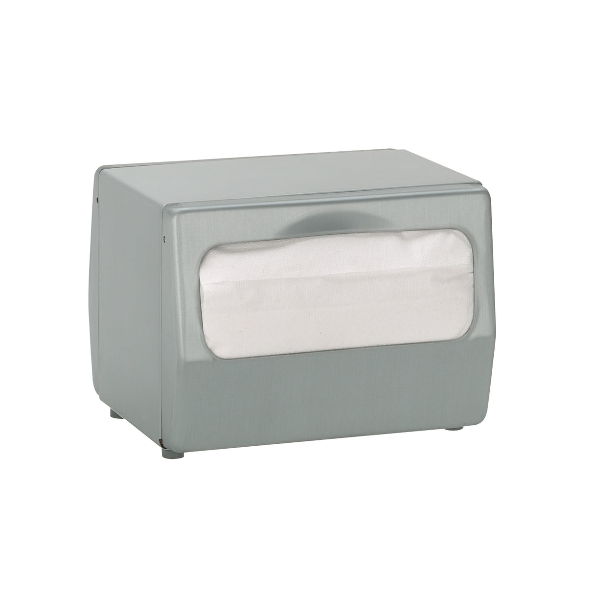 A rectangular tabletop napkin dispenser sits on a white background. It features a brushed silver finish and a front window displaying a stack of full fold napkins inside. The design is simple and utilitarian, ready for convenient use.