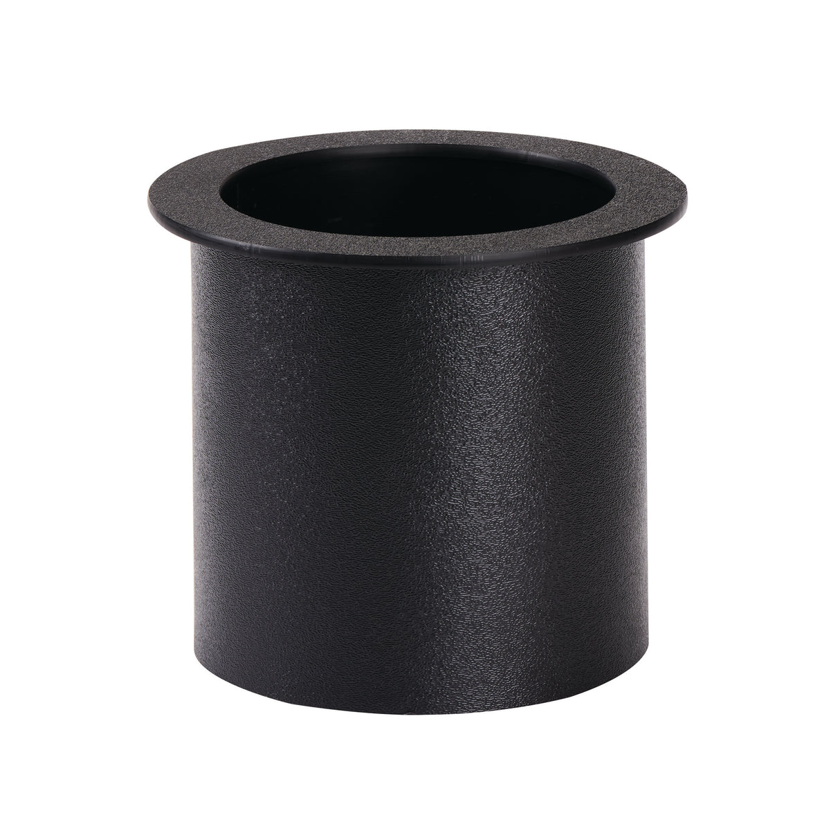 A black, cylindrical plastic grommet with a wide, flat rim, shown against a white background. The textured surface and hollow design resemble components used in drop-in trash chute systems for cable management in desks or furniture.