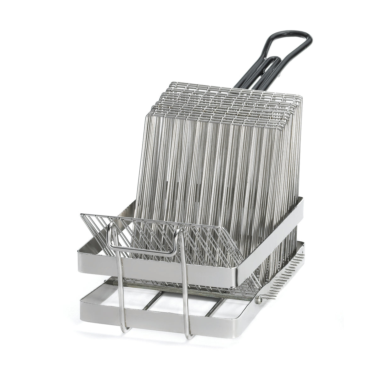 A chrome plated tostada fry basket with a handle, designed to hold food or 6" tostada shells securely for grilling. The rectangular basket features a hinged, grid-like top and bottom with a locking mechanism to keep it closed.