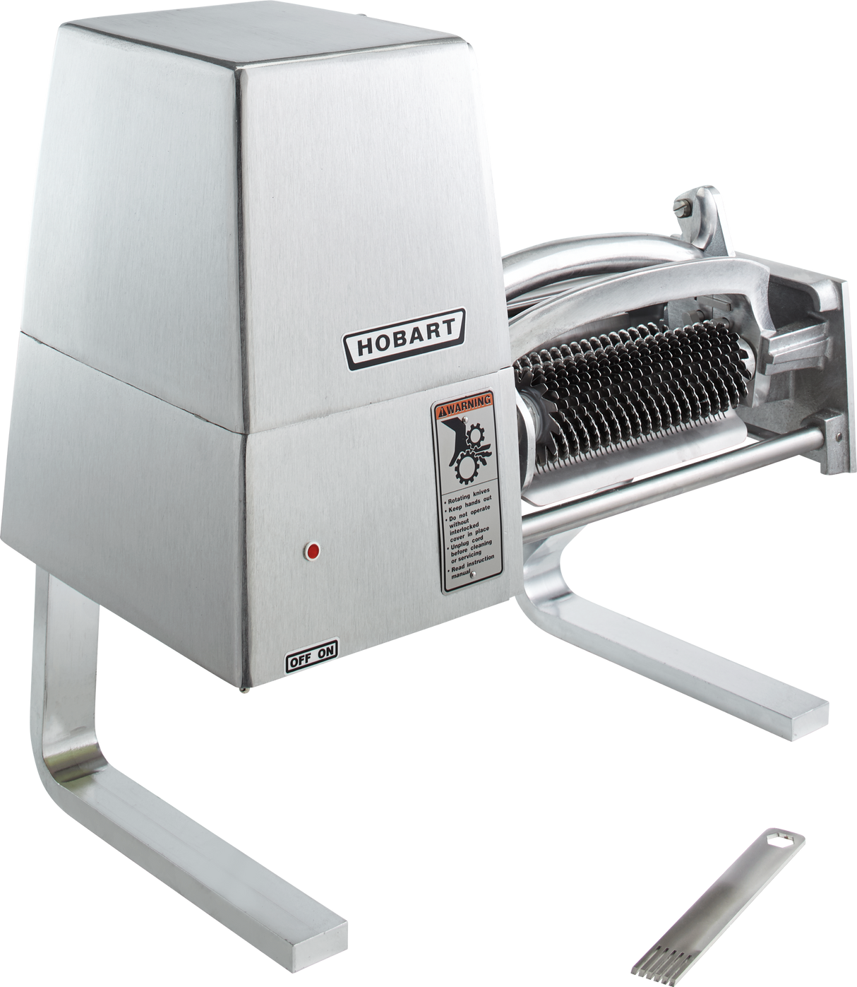 A stainless steel Hobart 403-1 meat tenderizer machine with cylindrical blade rollers, an on/off switch, voltage specification label, warning label, and a separate multi-pronged cleaning tool placed in front on a white background.