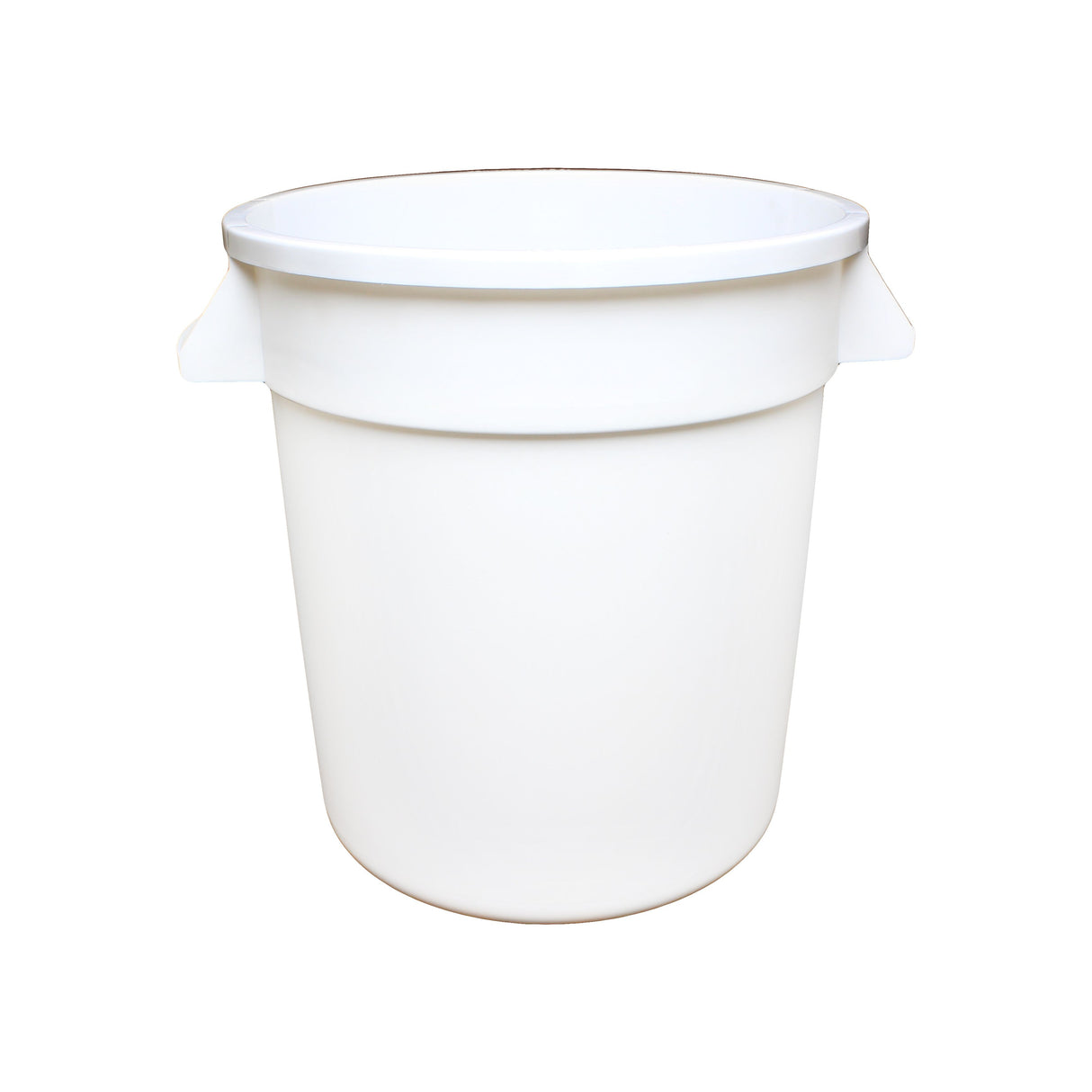 A large, round, 10 gallon white plastic bucket with a wide rim and two small handles on each side. The empty bucket is displayed against a plain white background, featuring a smooth surface and a prominent top opening.