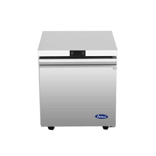 A stainless steel reach-in freezer with a single solid door, black handle, and small blue Arctic Air logo at the bottom. The square-shaped unit features a flat top and rests on four black caster wheels against a white background.
