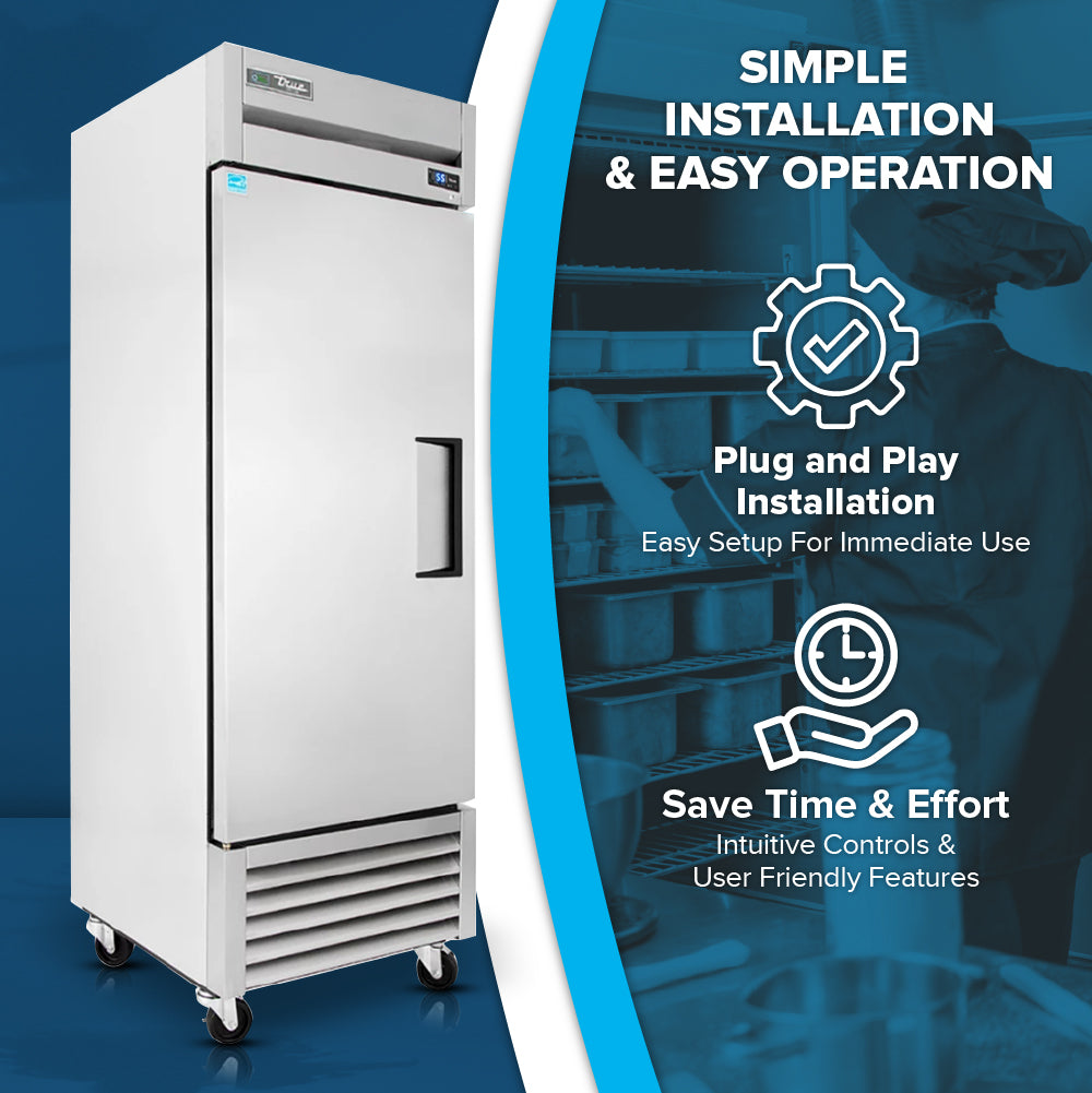 A tall, stainless steel True Refrigeration T-23F-HC commercial reach-in freezer stands on wheels beside a blue panel with text and icons promoting easy installation, plug and play use, and time-saving features. Shelves with pans and a worker are visible behind the overlay.