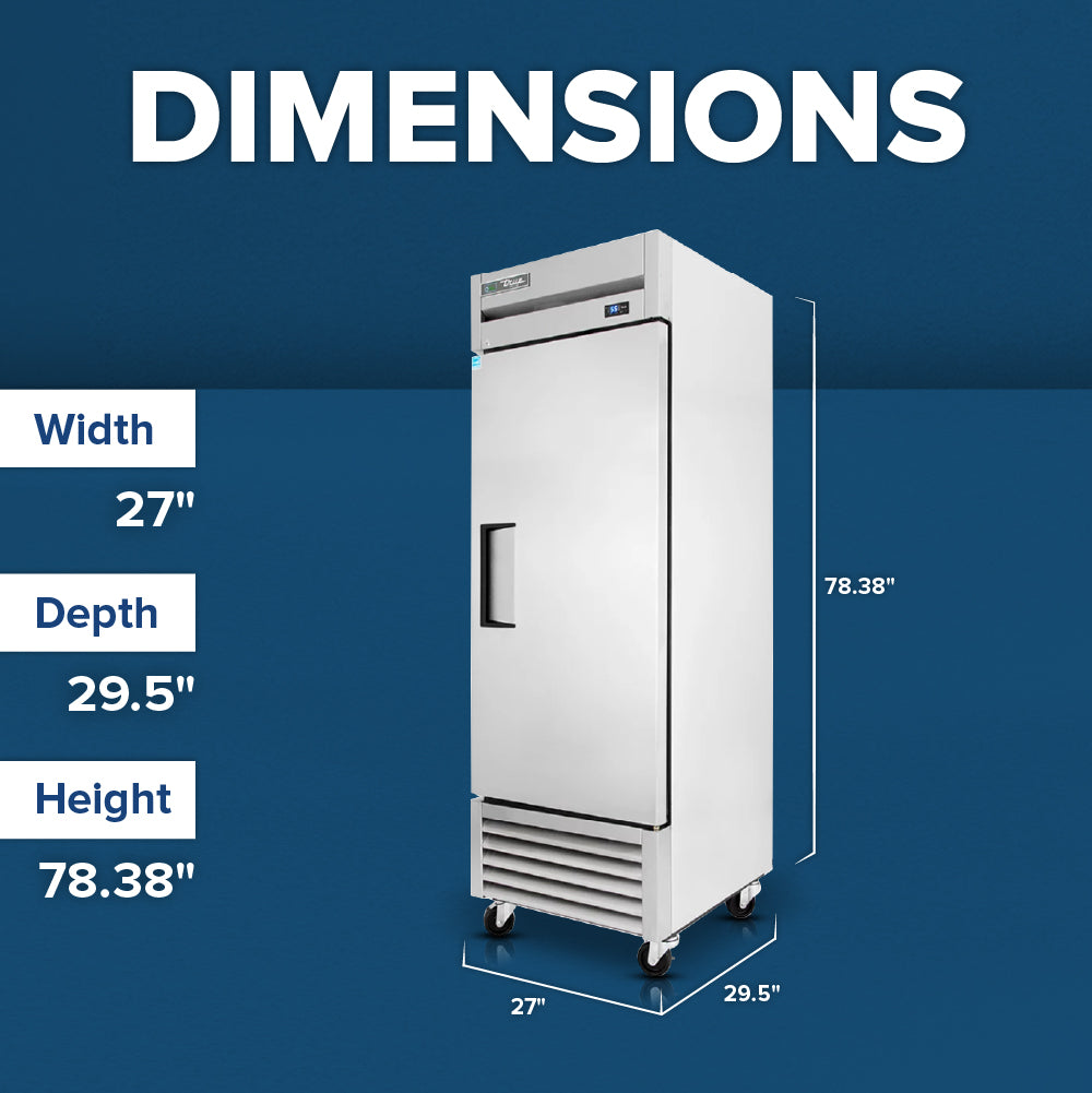 A True Refrigeration T-23F-HC commercial reach-in freezer on wheels stands against a blue background. White text displays its dimensions: Width: 27, Depth: 29.5, Height: 78.38. DIMENSIONS is shown in large, bold letters above.