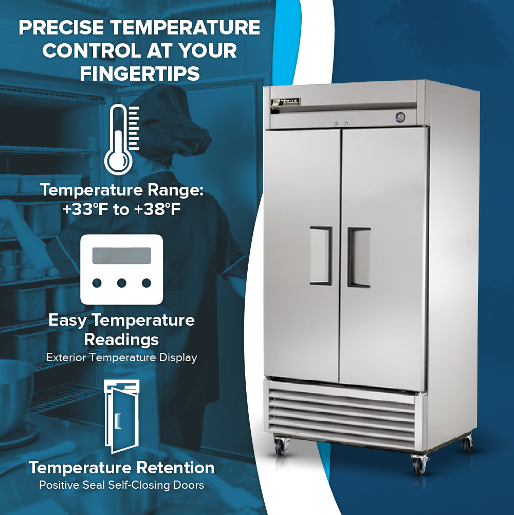 A True Refrigeration T-35-HC commercial reach-in refrigerator stands on casters. Text highlights its features: precise temperature control (+33°F to +38°F), exterior temperature display, and positive seal self-closing doors. Blue background with chef silhouette.