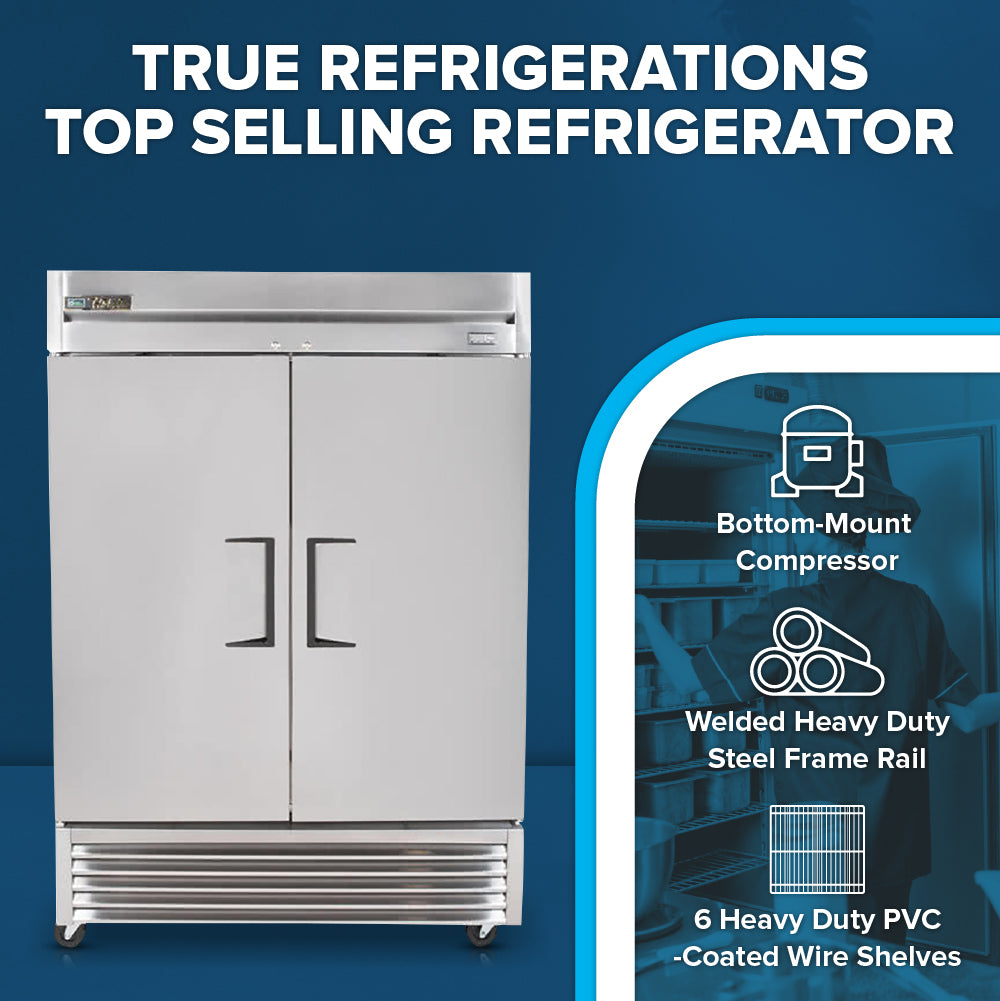 A large True Refrigeration T-49-HC commercial reach-in refrigerator with double doors stands on the left. On the right, icons and text highlight key features: energy-efficient cooling, bottom-mount compressor, and six PVC-coated wire shelves.