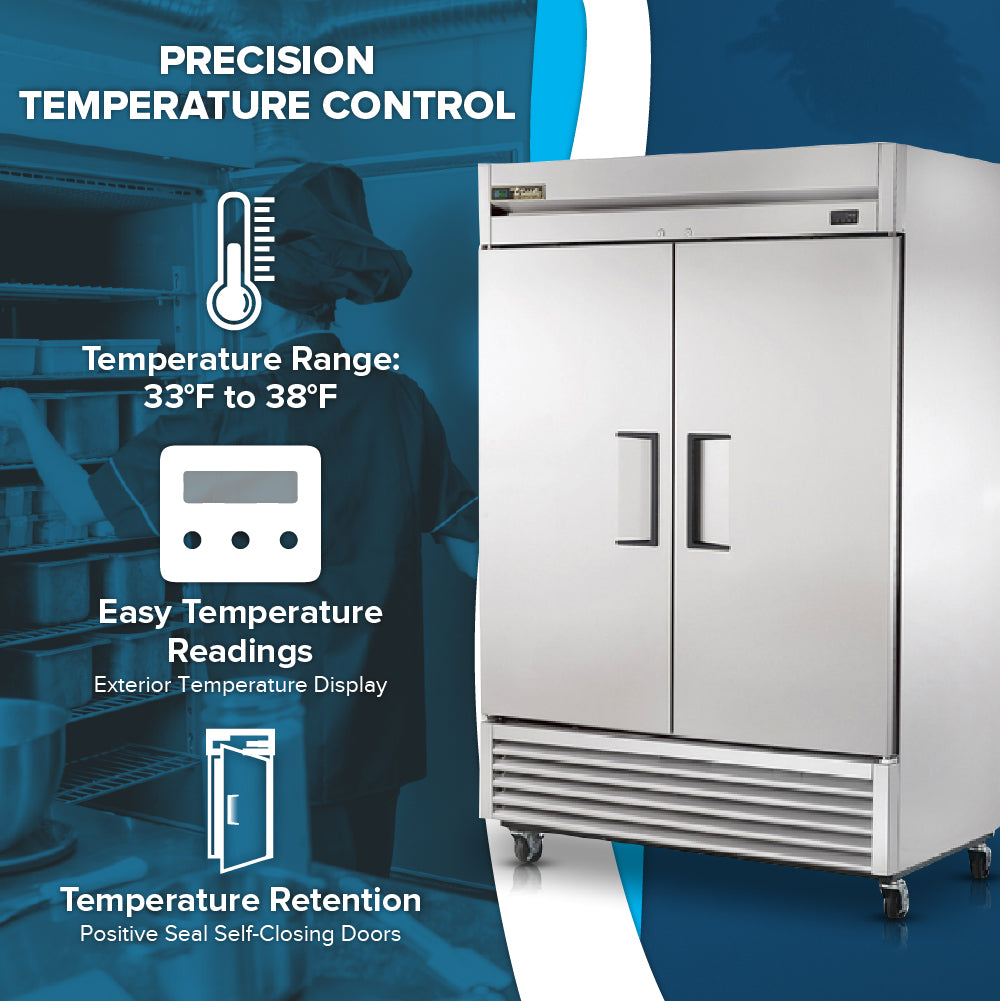A large stainless steel commercial reach-in refrigerator, like the True Refrigeration T-49-HC, is shown with text highlighting “Precision Temperature Control,” “Energy-Efficient Cooling,” and easy temperature readings. Kitchen staff are visible in the background.