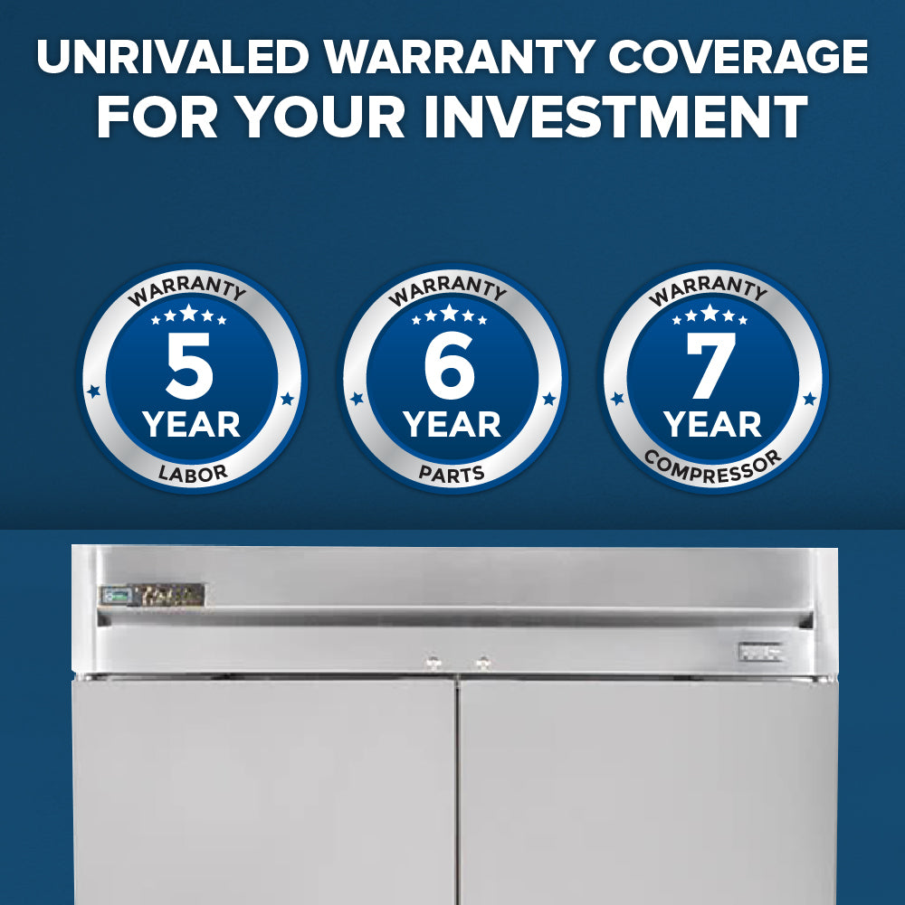 A blue background features bold white text: “Unrivaled Warranty Coverage For Your Investment.” Below are three silver badges detailing “5 Year Labor,” “6 Year Parts,” and “7 Year Compressor” for a True Refrigeration T-49-HC commercial reach-in refrigerator.