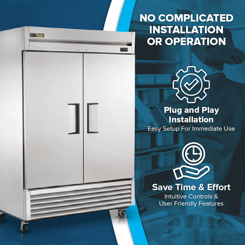 A commercial reach-in refrigerator stands on the left. On the right, white text highlights features: No complicated installation or operation, energy-efficient cooling, and Plug and play installation, with gear and clock icons on a blue background.