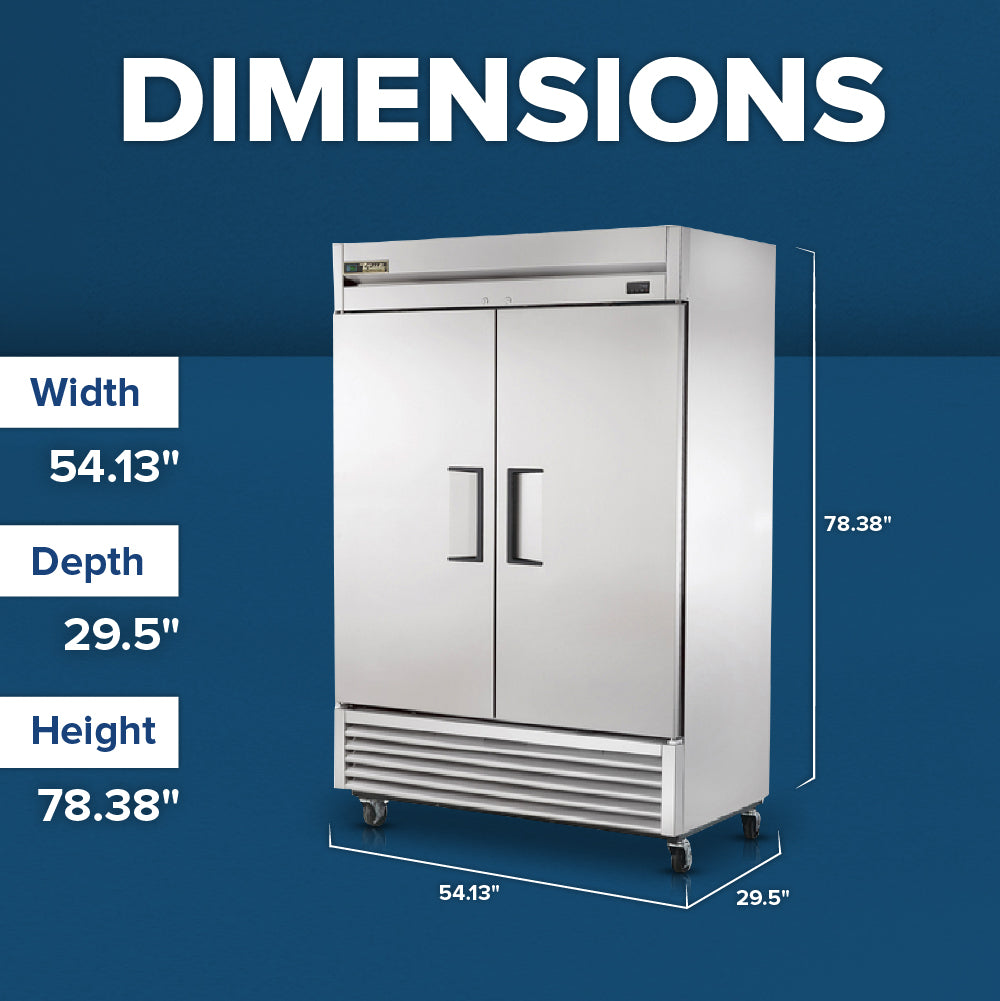 A large, stainless steel True Refrigeration T-49-HC commercial reach-in refrigerator is shown on a blue background. Text highlights its dimensions and energy-efficient cooling. The double-door unit stands on wheels, with sturdy handles on both doors.