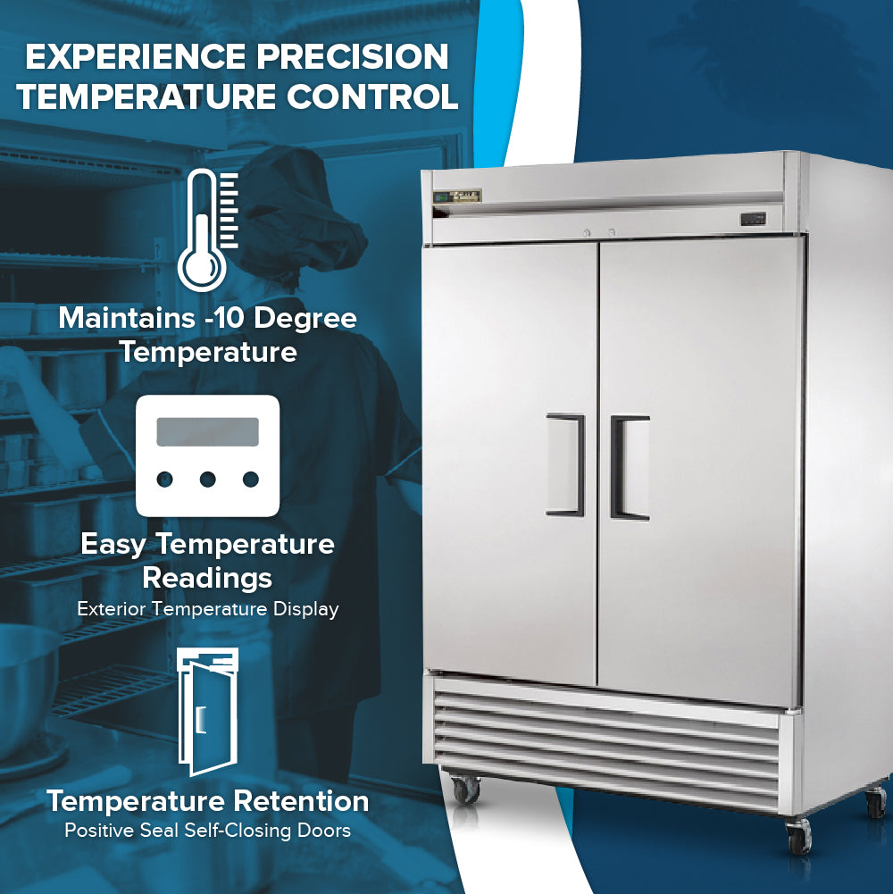 A large stainless steel True Refrigeration T-49F-HC commercial reach-in freezer with double doors stands open in a kitchen. Overlay graphics highlight its -10°F setting, exterior temperature display, and positive seal self-closing doors.