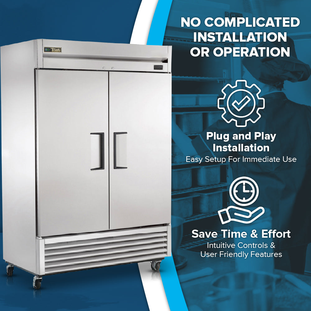 A large stainless steel True Refrigeration T-49F-HC commercial reach-in freezer stands on wheels. Beside it, text reads: Plug and Play Installation—Easy setup, Save time & effort—Intuitive controls & user-friendly features.
