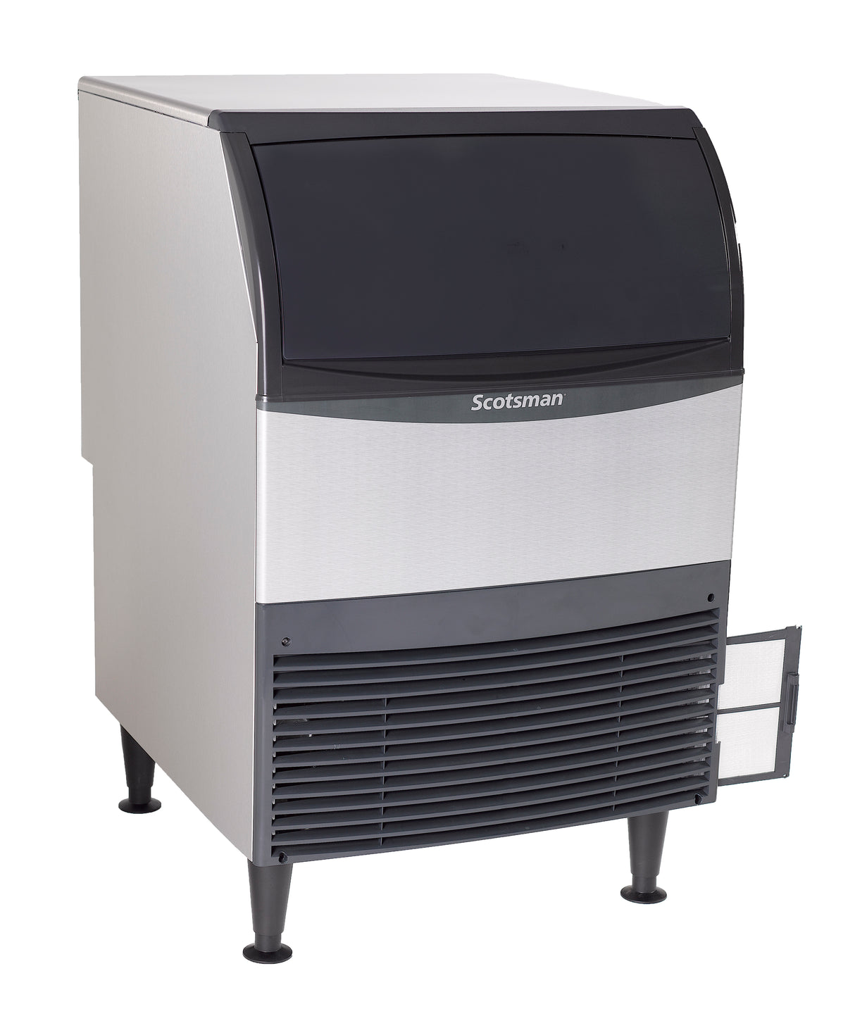 A sleek, modern Scotsman undercounter ice maker with a black top lid, vented front panel, and four short black legs. The right side panel is slightly open, revealing an internal filter. Perfect for commercial cube ice needs.