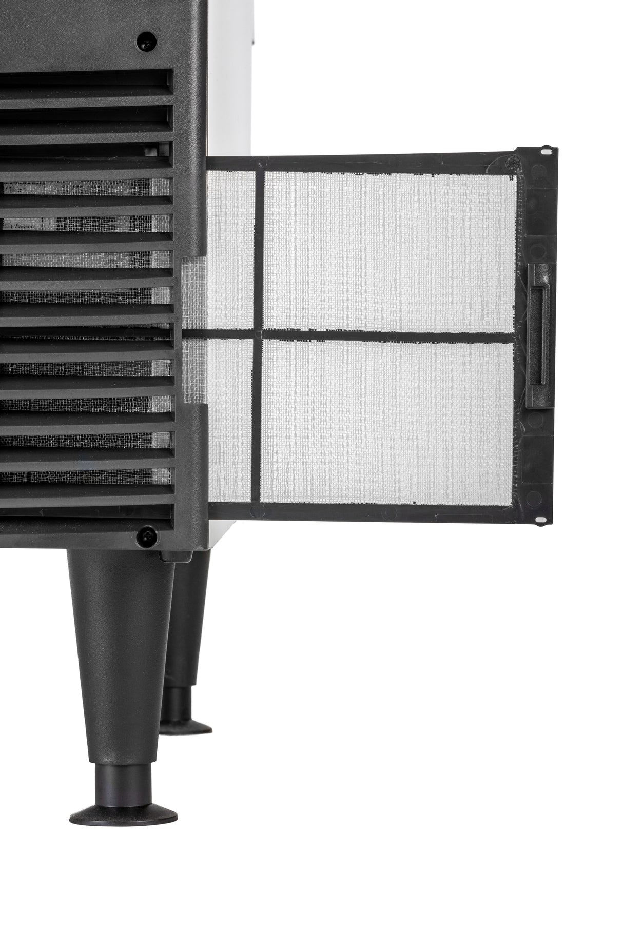 Close-up of an air purifier with its rectangular white filter partially pulled out. The purifier stands on four black legs, resembling the sturdy base of an undercounter ice maker, and features horizontal black vents on its side.