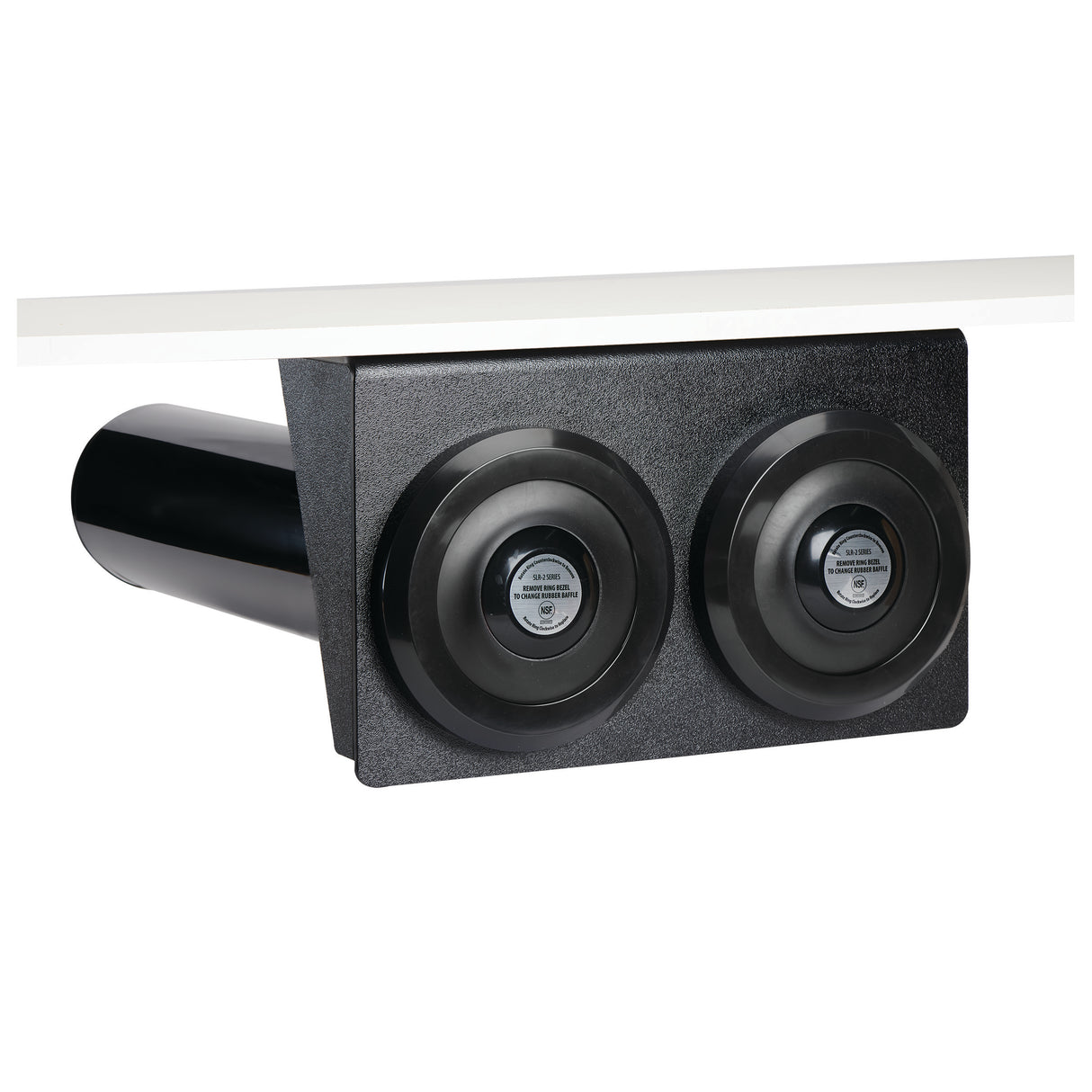 A black, rectangular wall-mounted hand dryer with two round drying nozzles is shown attached beneath a white countertop featuring an in-counter cup dispenser. The device has a cylindrical vent on the left and a textured finish, ideal for public restroom use.