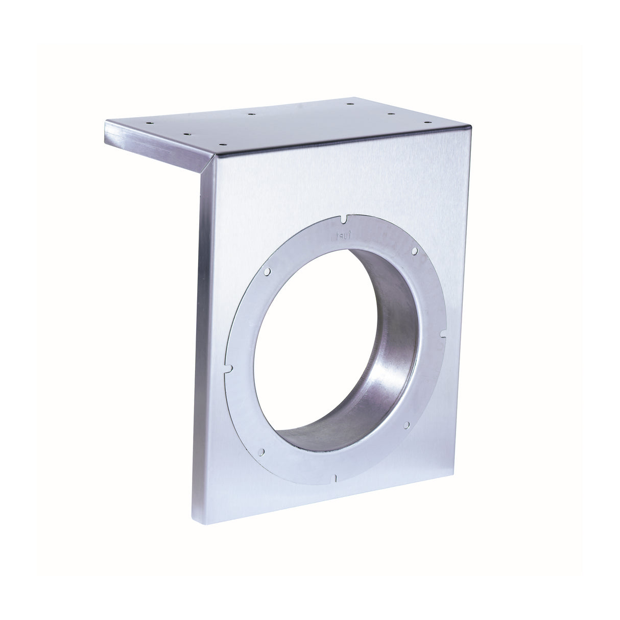 A metallic, L-shaped stainless steel Undercounter Mounting Bracket with a large central circular cutout. The bracket features a smooth, reflective surface and multiple screw holes for securely attaching a dispenser mount or other fixture.