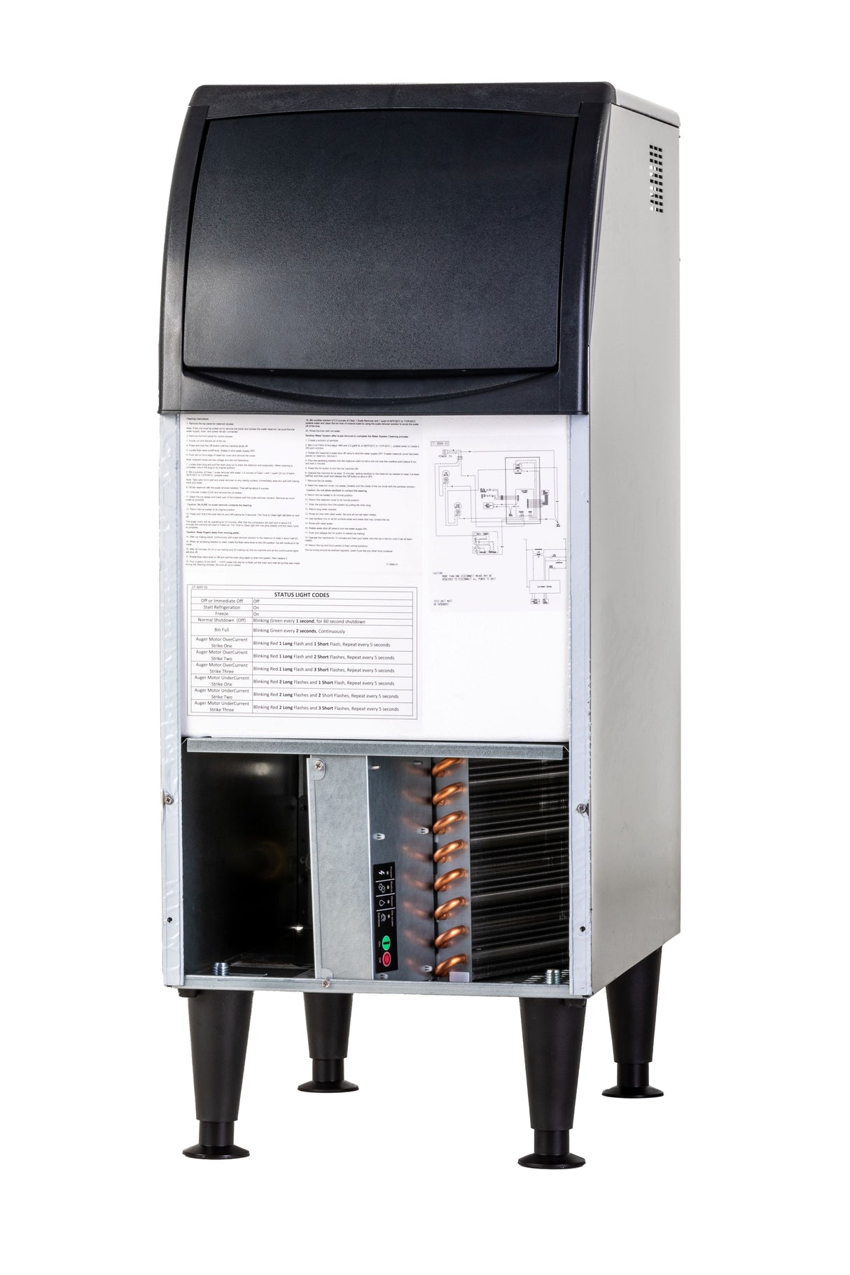 A commercial air-cooled ice maker with a black top lid, white body, black adjustable legs, and a visible front panel showing internal components and a technical instruction sheet. The machine is photographed against a white background.