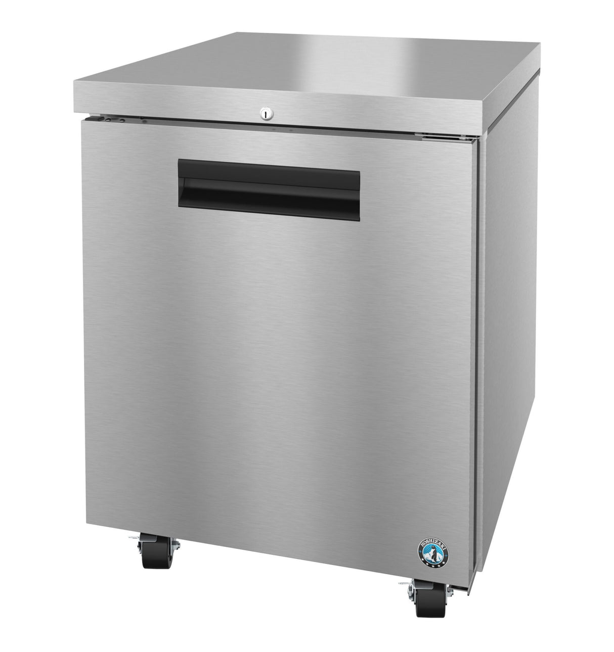 A stainless steel, single-door Hoshizaki Steelheart commercial undercounter freezer with a flat top, black handle, locking caster wheels, and a small certification sticker on the bottom right corner. The appliance has a sleek, modern design.