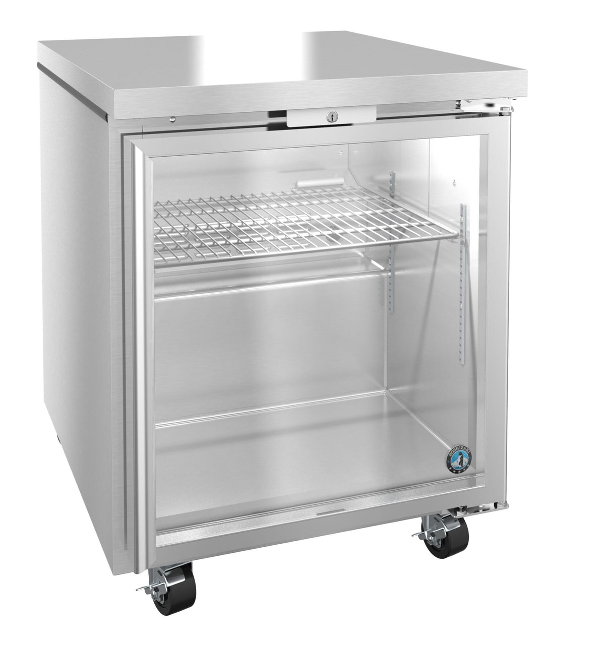 A sleek stainless steel undercounter freezer on four wheels, featuring a glass front door, one adjustable wire shelf, and a digital thermometer on the bottom right. Both interior and exterior are reflective, with a flat, solid top surface.