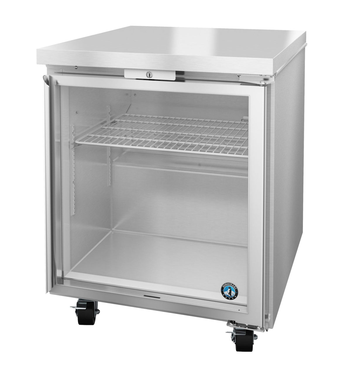 A stainless steel undercounter freezer with a glass door is shown. It features one wire shelf inside, a lock on top of the door, and four black caster wheels for mobility. A round blue-and-white certification sticker is visible on the front.
