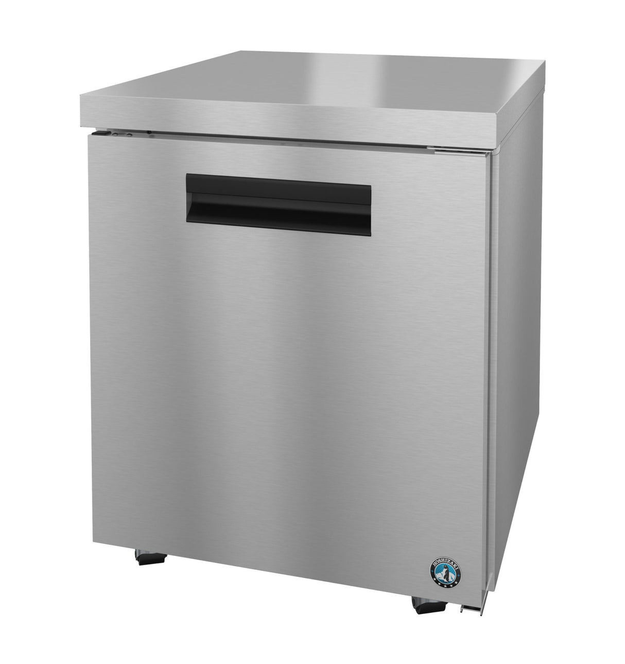 A stainless steel, ADA compliant commercial undercounter freezer with a single solid door, a horizontal black handle, and small wheels at the base. The surface features a smooth brushed finish and a round logo near the bottom right corner.