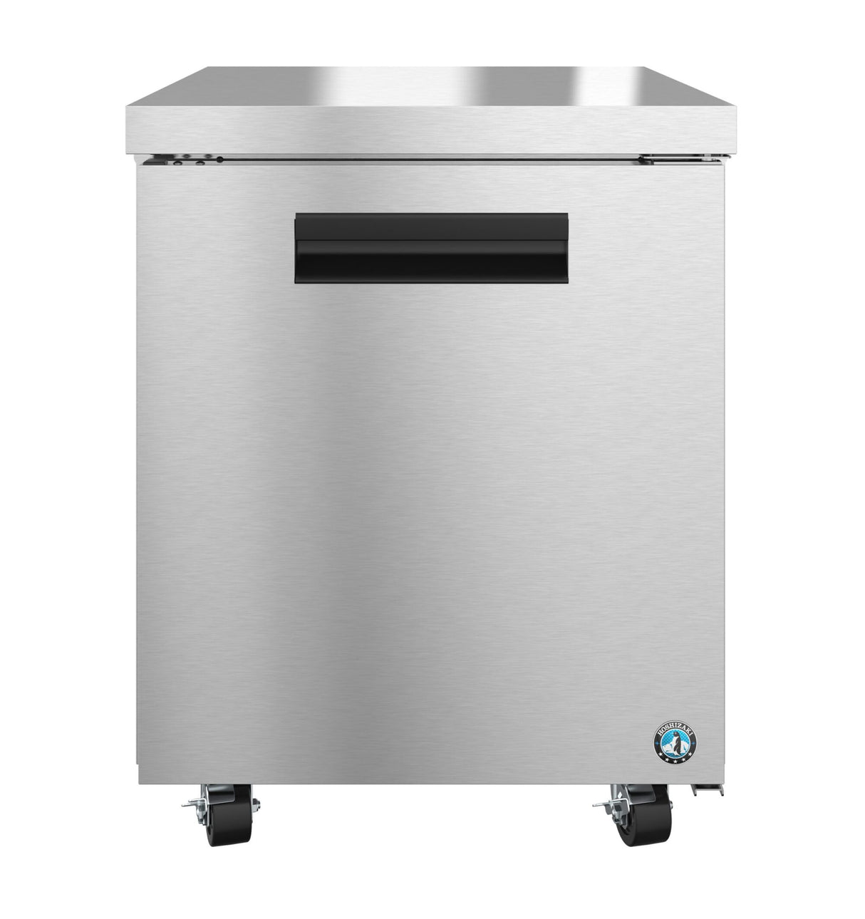 A Hoshizaki UF27B stainless steel undercounter freezer with a flat top, single solid door with a black handle, caster wheels, and a blue certification sticker on the bottom right. The front view showcases its sleek, industrial design.