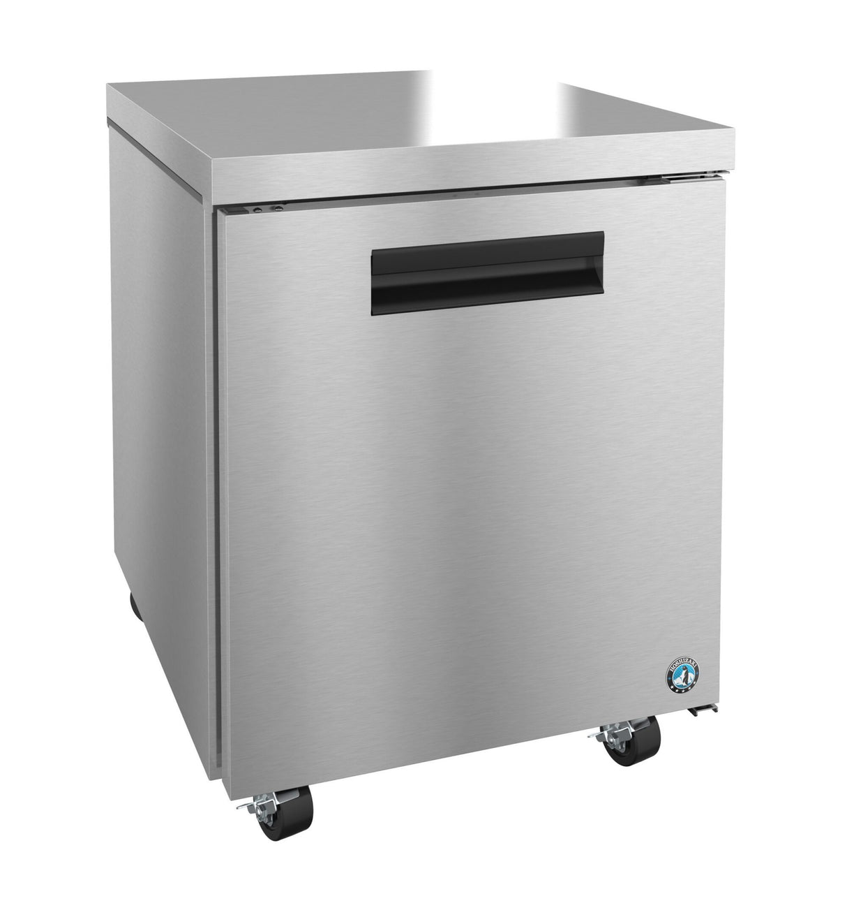 The Hoshizaki UF27B Stainless Steel Freezer features a single solid door, black recessed handle, and four caster wheels for mobility. Its smooth, reflective surface showcases a small blue logo on the lower right corner of the door.