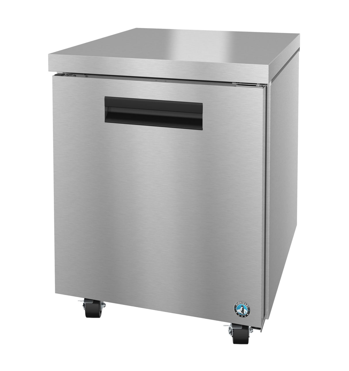 A sleek, brushed metal Hoshizaki UF27B undercounter freezer features a single door with recessed handle and small casters for mobility. Its modern stainless steel design includes a certification sticker on the lower right corner.