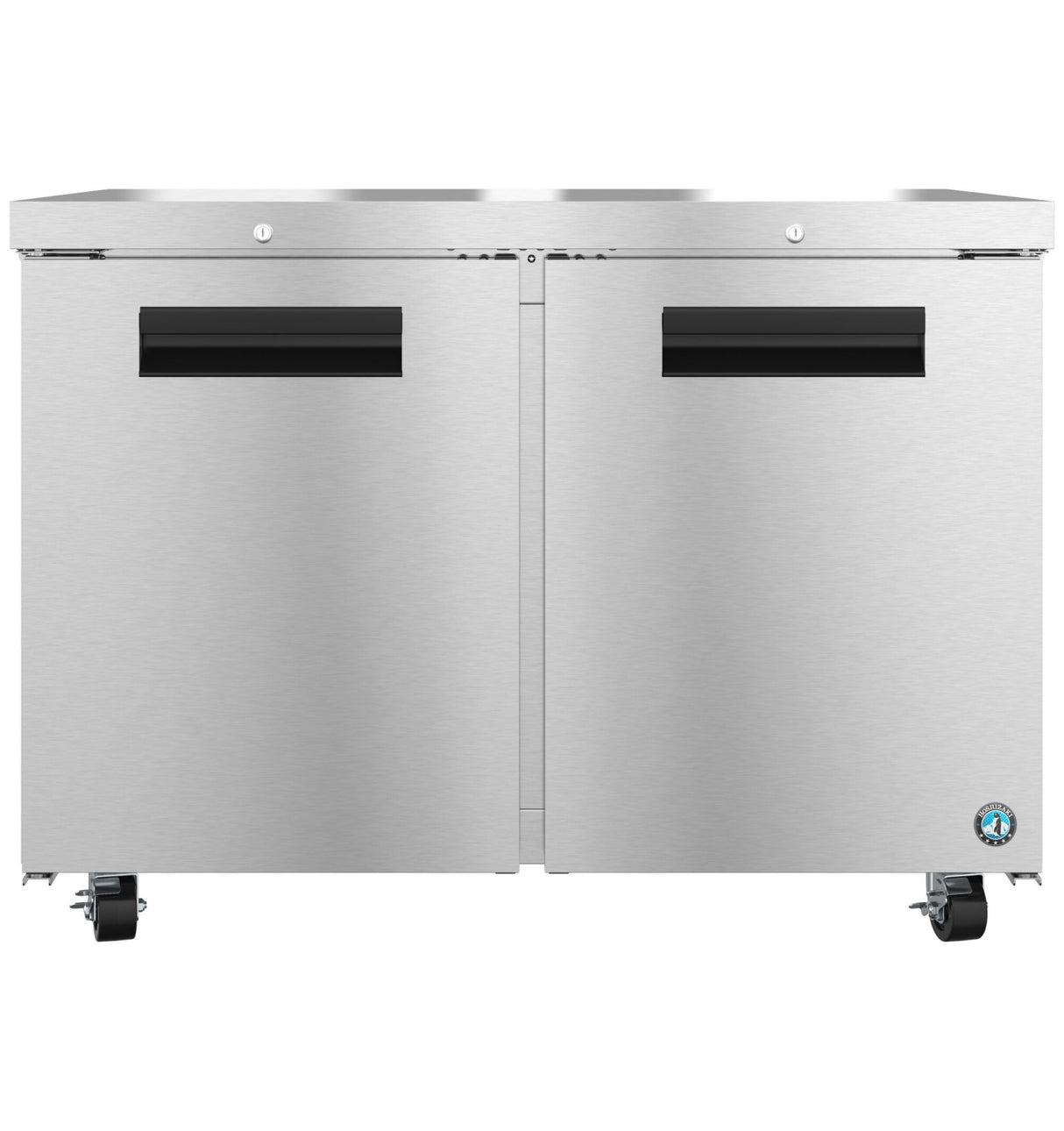 A commercial Hoshizaki UF48B-01 Steelheart Series stainless steel under-counter refrigerator with two doors, black recessed handles, and four wheel casters. The smooth metallic surface features a small blue and white logo at the bottom right corner.