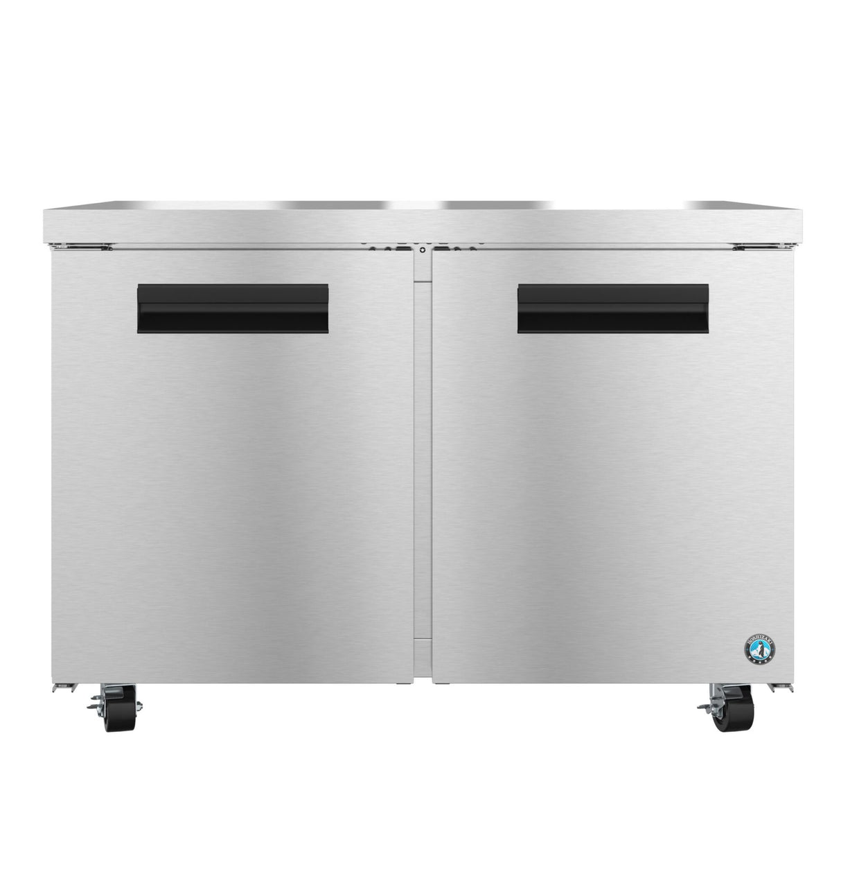 A stainless steel reach-in freezer with two solid doors, black horizontal handles, and caster wheels. The surface is smooth with a brushed finish, and a small blue and white circular logo is visible on the bottom right corner.