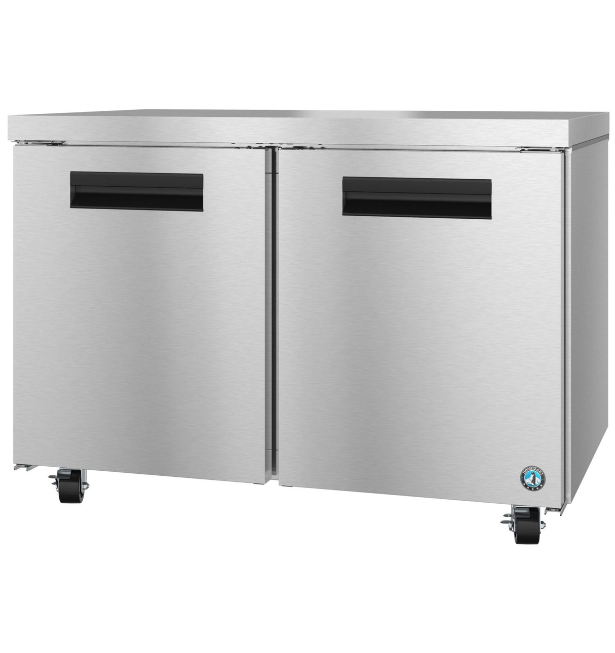 A stainless steel reach-in freezer with two solid doors, black horizontal handles, and four caster wheels is photographed against a white background. The appliance features a modern, industrial design and a small blue certification sticker on the lower right corner.