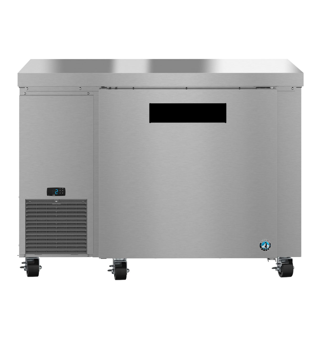 A commercial stainless steel freezer or prep table on wheels, with a solid door, digital control panel on the lower left, and a smooth flat top surface. This undercounter freezer stands out against a plain white background.