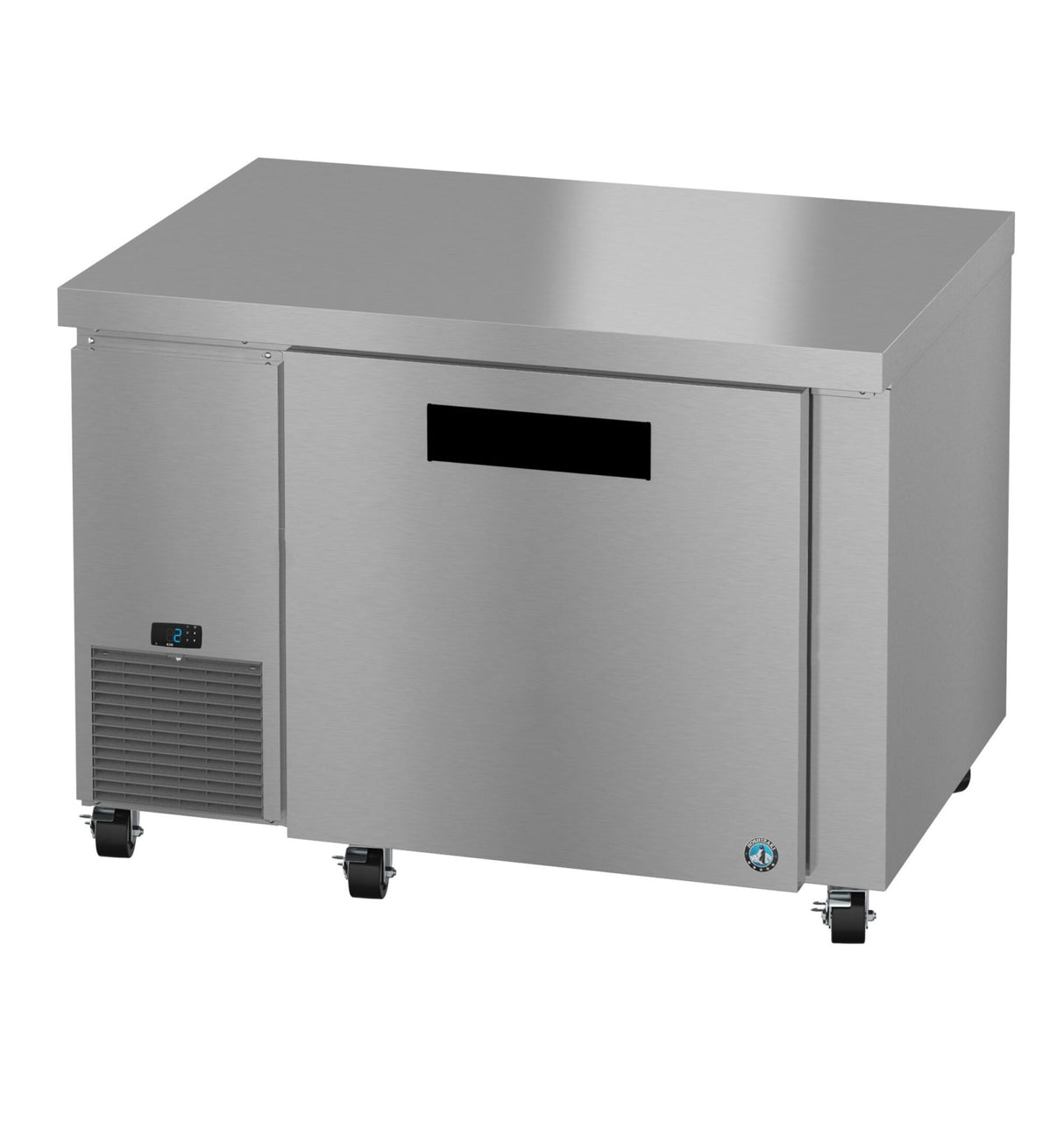 A Hoshizaki stainless steel commercial undercounter freezer with a single solid door, digital temperature display on the lower left, ventilation panel, four caster wheels, and a horizontal handle slot is shown against a white background.