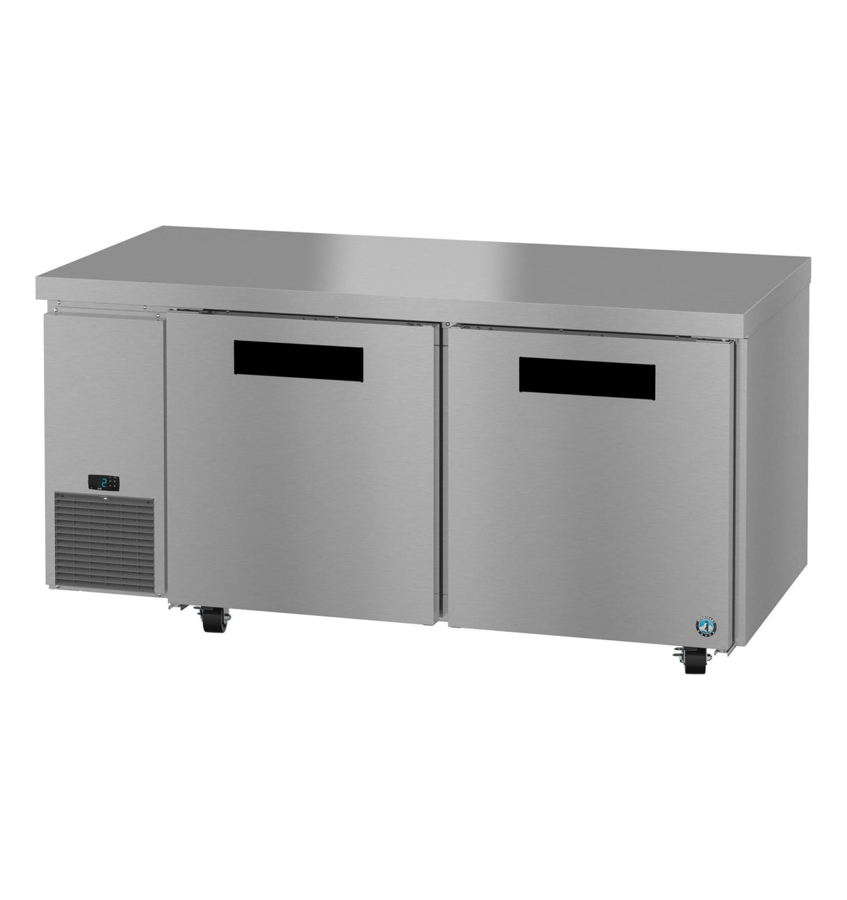 The Hoshizaki Steelheart undercounter freezer is a stainless steel commercial unit with two doors, ENERGY STAR certified for efficiency. It features black recess handles, small wheels, a vent on the bottom left, and a sleek industrial design.