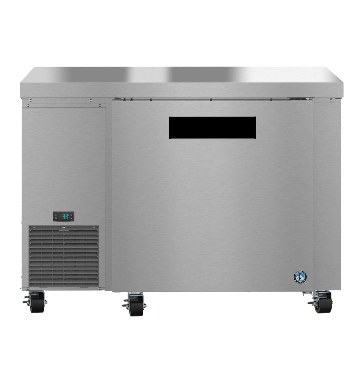 An ENERGY STAR commercial stainless steel undercounter refrigerator on wheels, with a digital temperature display reading 33°F, a large black handle, and a vented cooling panel on the lower left. The background is plain white.