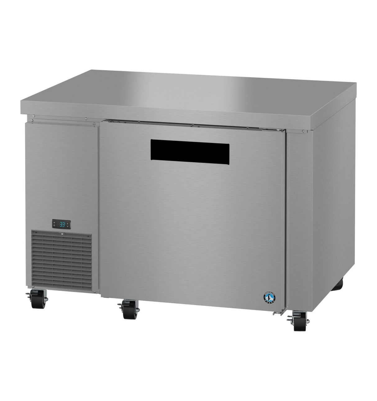 A commercial stainless steel undercounter refrigerator with a flat top surface, one solid door featuring a black handle slot, ENERGY STAR certification, digital temperature display, left-side ventilation grilles, and four caster wheels.