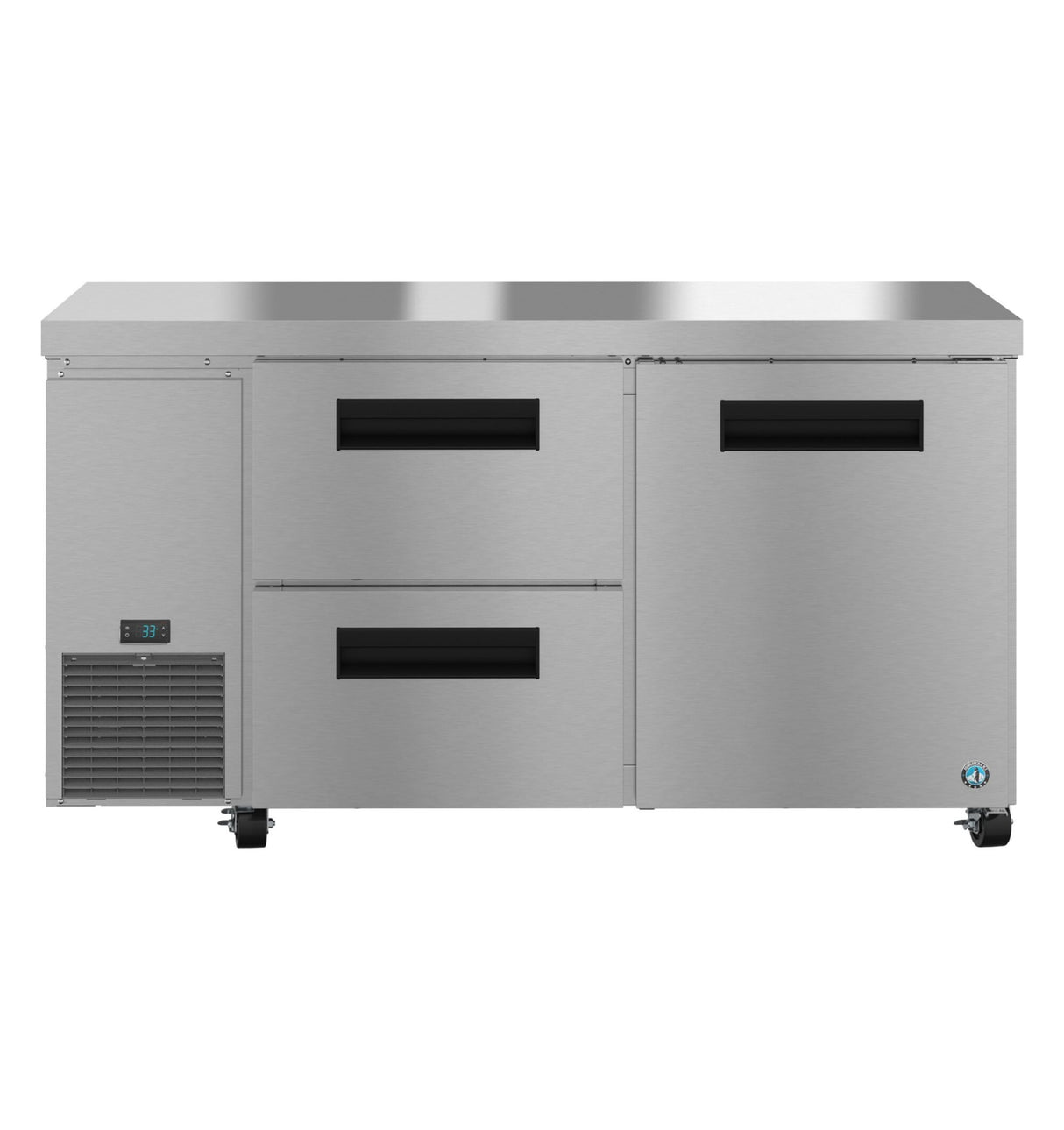 A Hoshizaki Steelheart Series undercounter refrigerator featuring two pull-out drawers on the left, a right-side vertical door, a digital temperature display above a vented panel, and four small wheels at the base for easy mobility.
