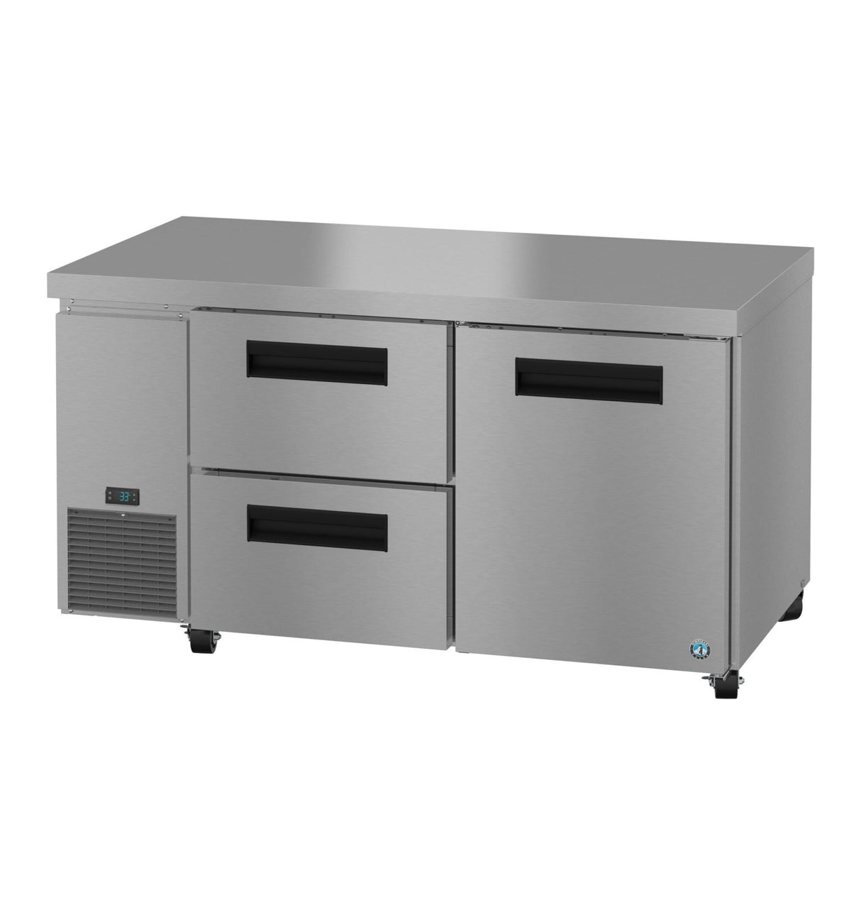 A Hoshizaki Steelheart Series commercial stainless steel undercounter refrigerator worktable with a solid top, two drawers, and one door with black handles, stands on four wheels. The left side features a vent and digital temperature display. Background is plain white.