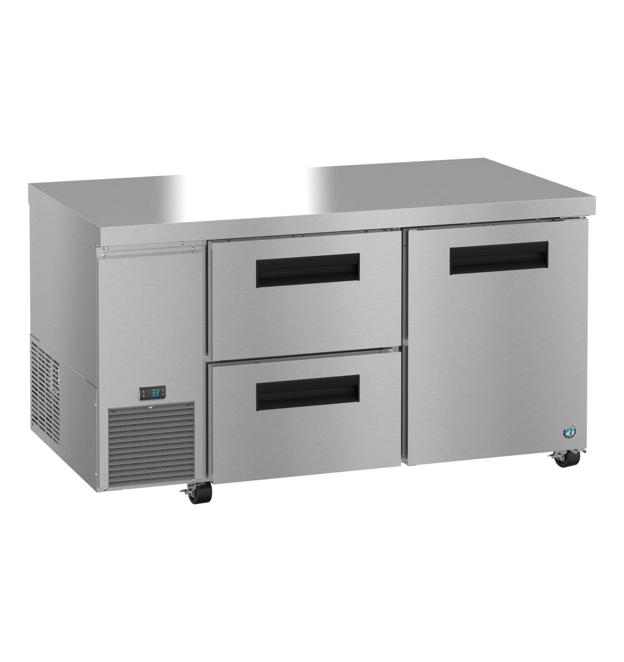 A Hoshizaki Steelheart Series commercial stainless steel refrigerated prep table with two pull-out drawers and two swing doors. This undercounter refrigerator stands on four caster wheels, with a digital control panel on the bottom left near the vented cooling panel.