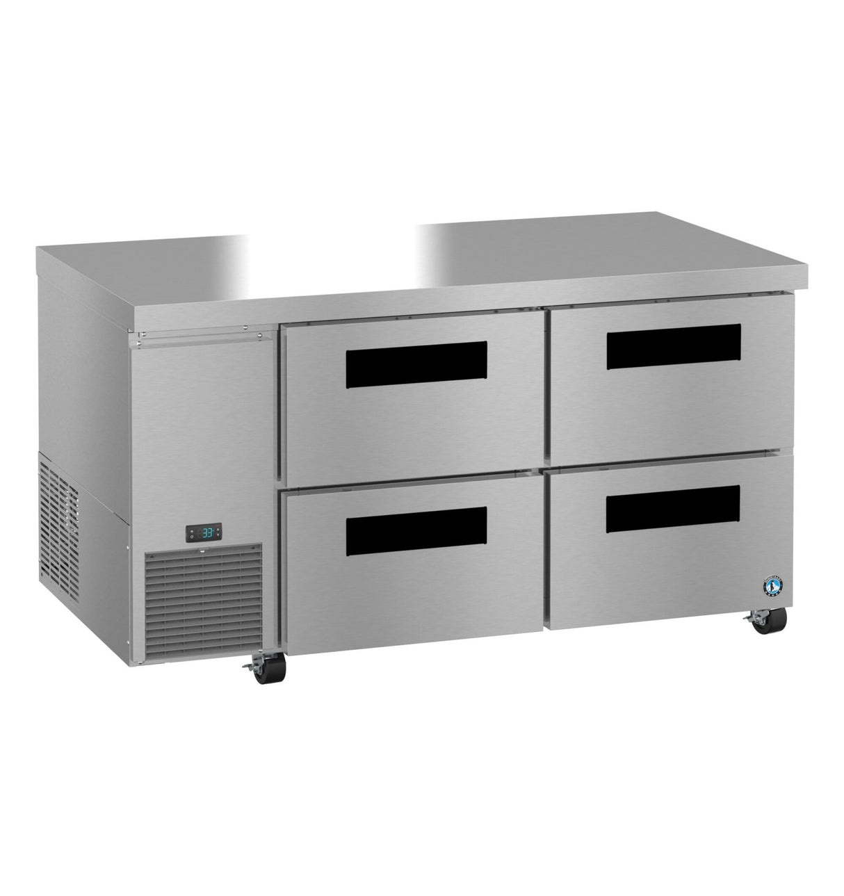 A modern, industrial Hoshizaki undercounter refrigerator with four stainless steel pull-out drawers, a flat countertop, ventilation grilles on the bottom left, digital temperature display, and caster wheels for easy mobility.
