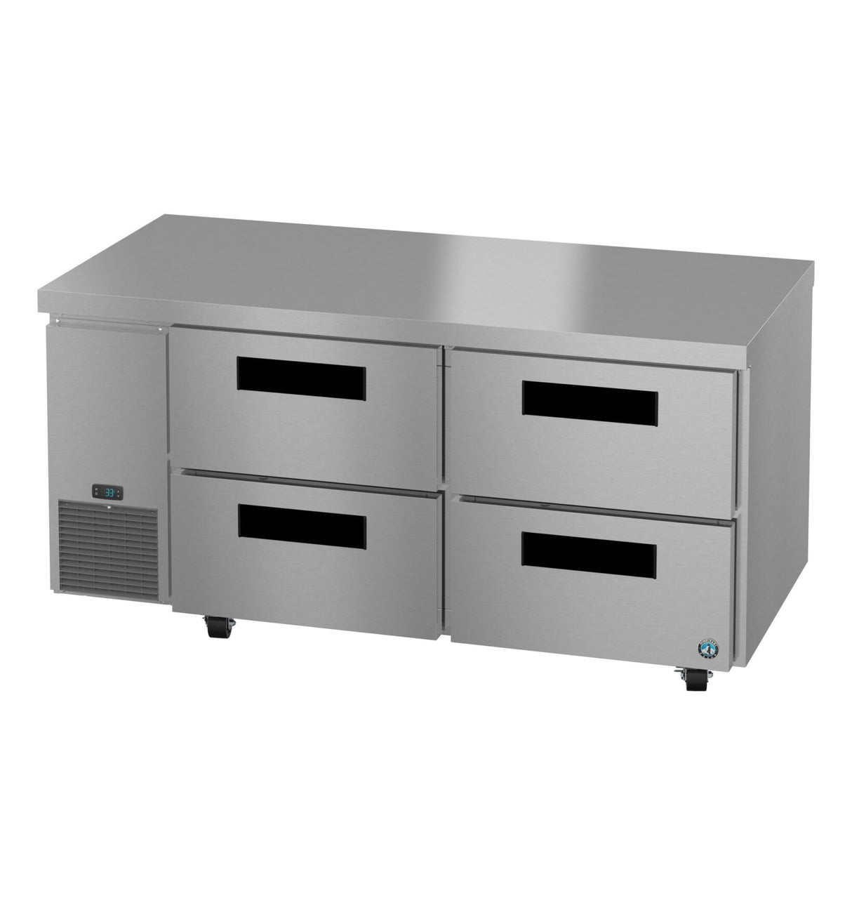 The Hoshizaki stainless steel undercounter refrigerator features four pull-out drawers, a flat countertop, lower left vent, digital temperature display, and small caster wheels for easy mobility.