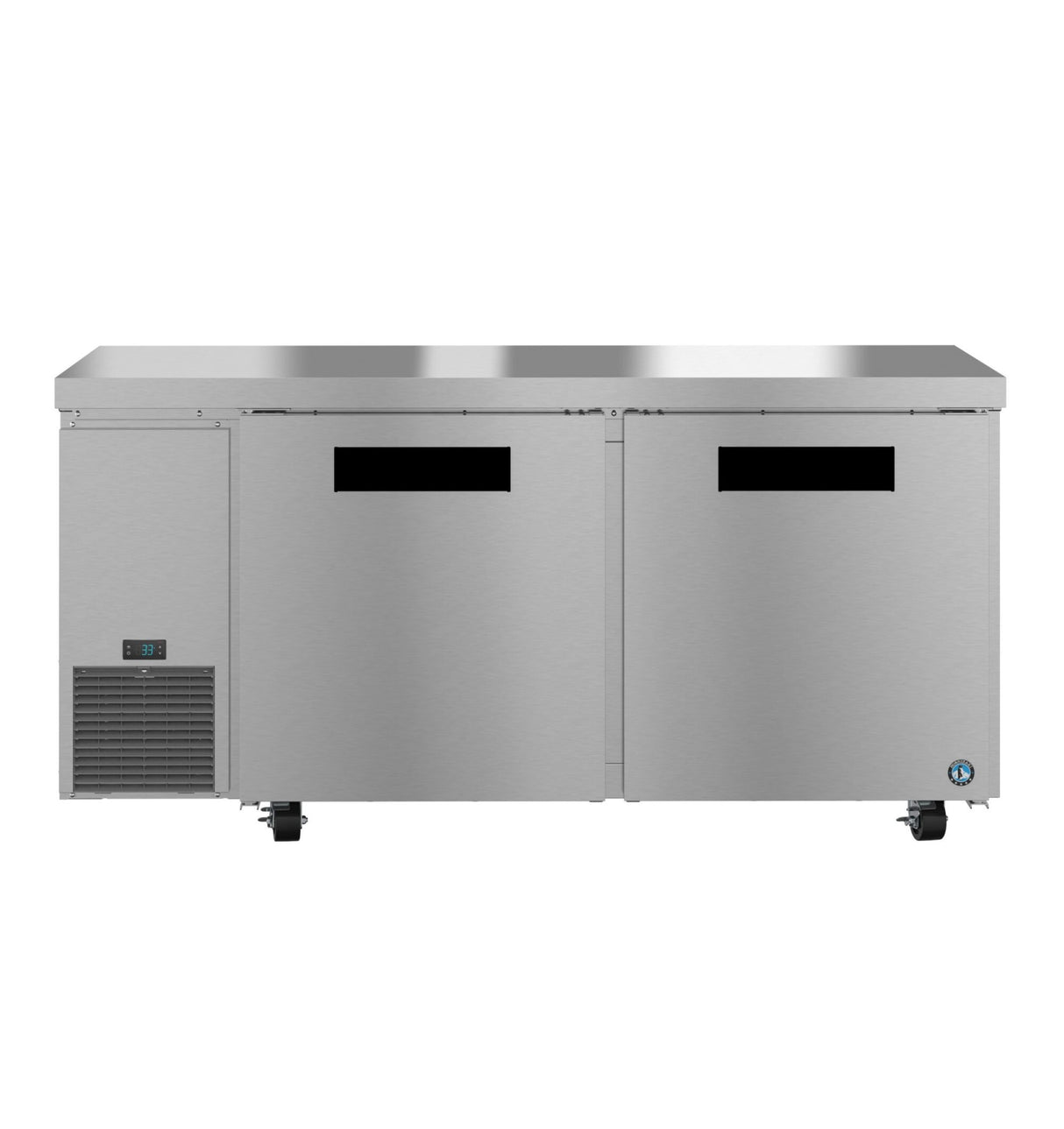 The Hoshizaki Steelheart undercounter refrigerator features two large doors with black handles, a digital temperature display, and smooth stainless steel surfaces. This ENERGY STAR unit is on casters and has convenient refrigeration vents below the display.