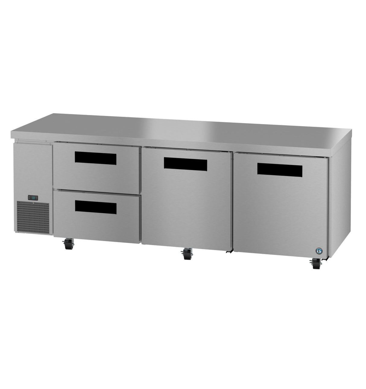 A commercial stainless steel undercounter refrigerator with a flat top, two pull-out drawers on the left, and two swing door compartments on the right. This reach-in unit sits on wheels and features a small control panel near the bottom left.