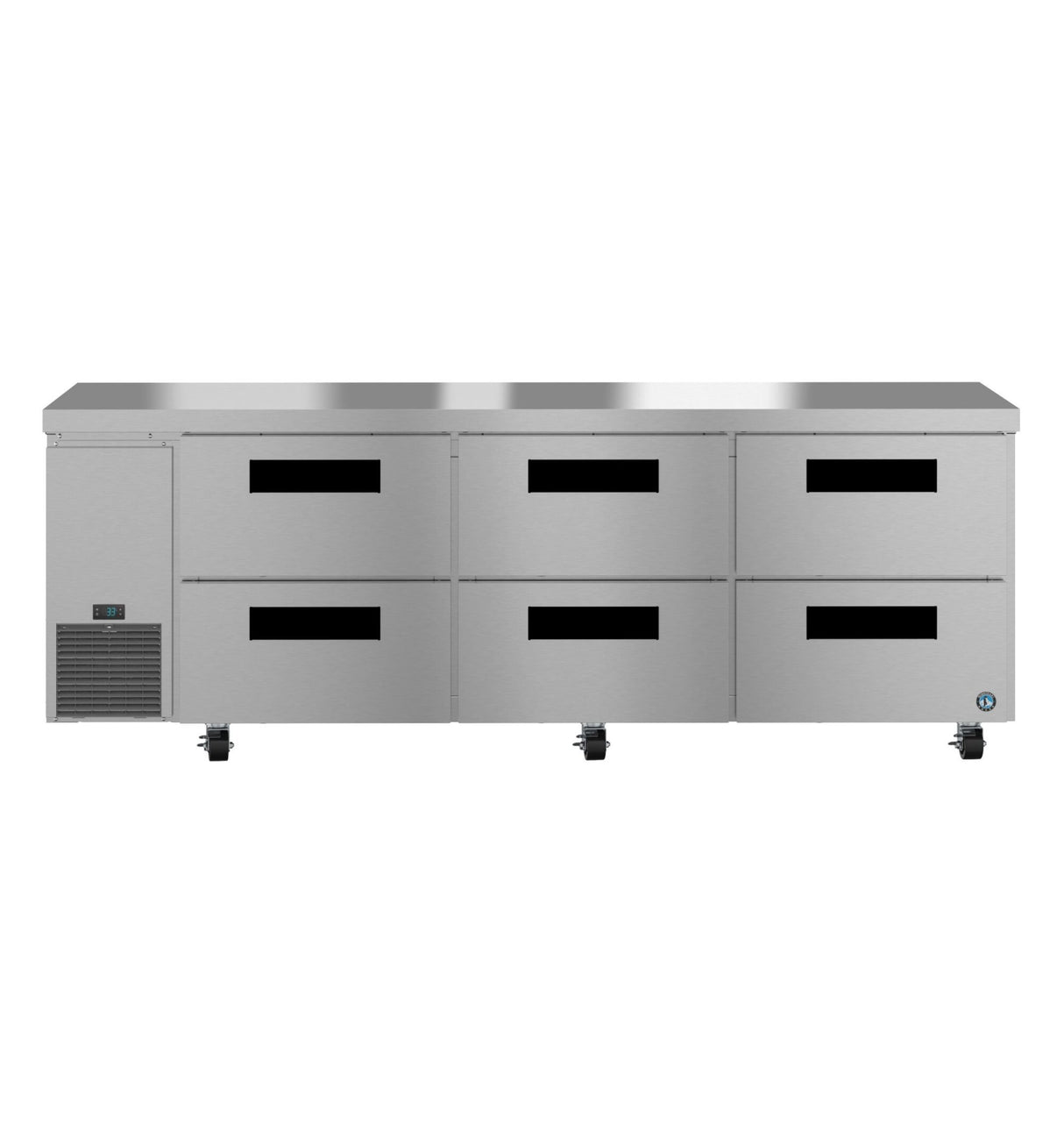 A large, stainless steel Hoshizaki Steelheart Series undercounter refrigerator with six black-handled drawers and wheels. The left side features a small vent and temperature control panel. Its flat, reflective surface is ideal for kitchen or restaurant use.