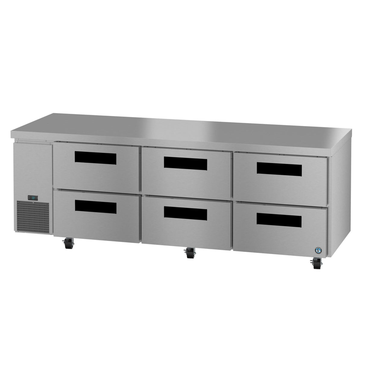 The Hoshizaki Steelheart Series undercounter refrigerator features six pull-out drawers in two rows of three, small caster wheels, a vented panel on the lower left, and a smooth flat top—ideal for any professional kitchen.