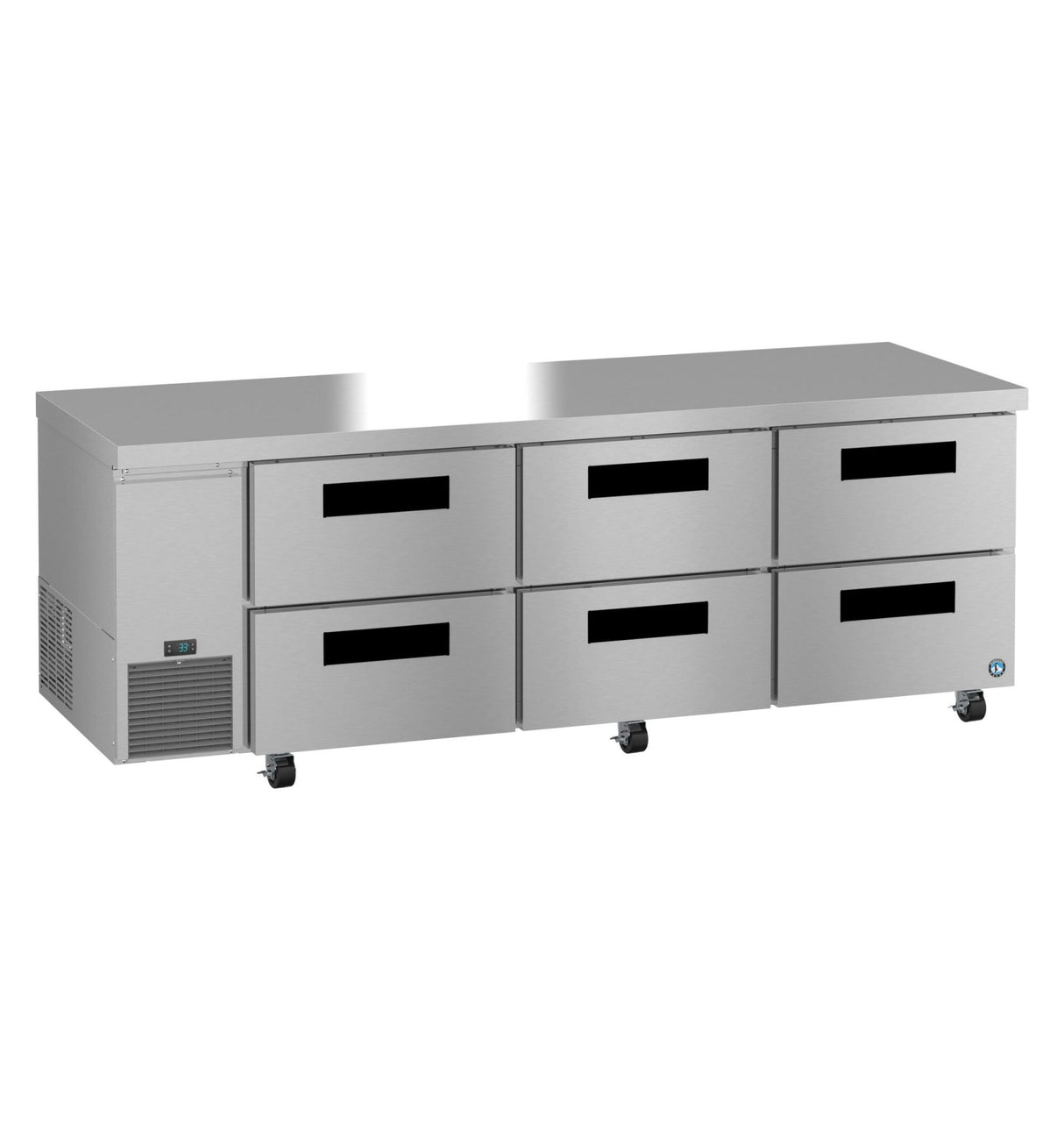 A large Hoshizaki Steelheart Series undercounter refrigerator with six black-handled drawers, smooth flat top for workspace or storage, vented panel on the left front, and small wheels for easy mobility.