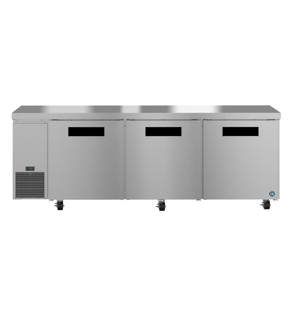 A commercial stainless steel three-door undercounter refrigerator with black handles, a digital temperature display on the left, ventilation panel below, and caster wheels. This ENERGY STAR unit is sleek and industrial, ideal for kitchens or food service settings.